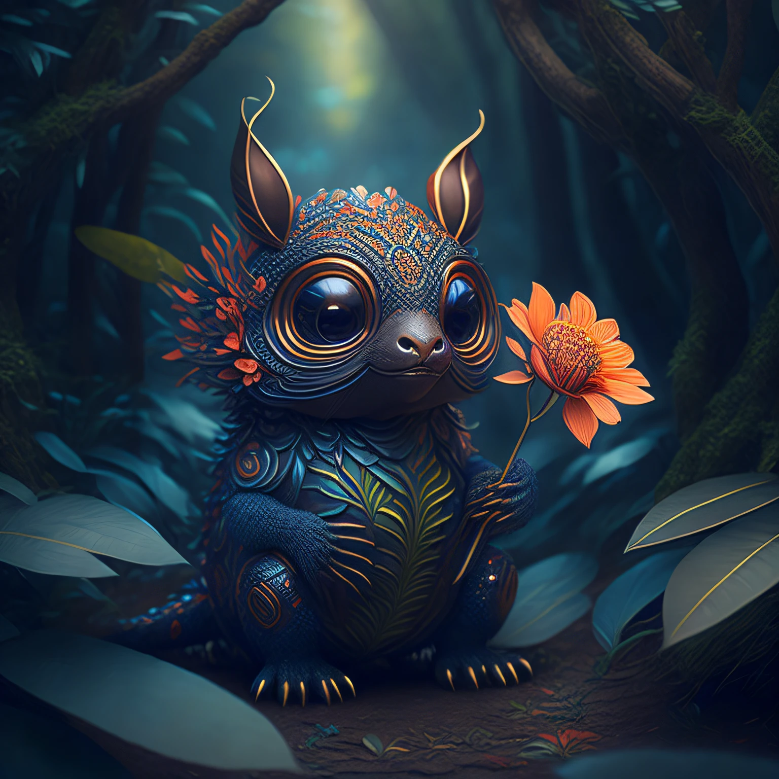 "Extremely Ultrarealistic Photorealistic cute creature holding a flower in a vast jungle, by James Jean and Android Jones: Jeff Koons: Erin Hanson: Joe Fenton: Dan Mumford: professional photography, natural lighting, volumetric lighting maximalist photoillustration 8k resolution concept art intricately detailed, complex, elegant, expansive, fantastical:"
