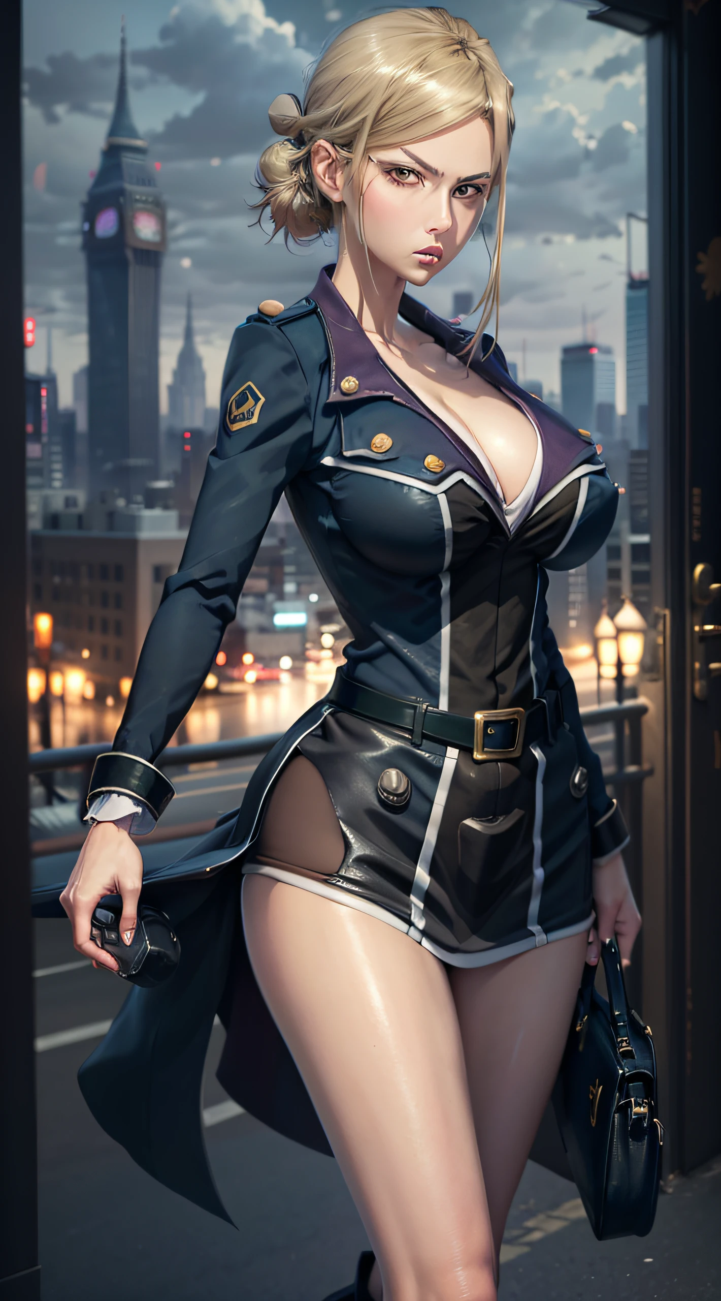 Awashima Seri, 1girl, western girl, solo, (huge tits), busty, thiccture perfect, blonde hair, tall girl, large eyes, anime eyes, blue eyes, both hands have same size, both eyes have same sizes, beautiful lady fingers size, wearing sexy blue and black military outfit, uniform, black leather, open button in tits area, wearing miniskirt, cleavage, high heel overknee leather boots, thighhigh, looking at viewer, emotionless, fighting pose, cowboy shot, full body shot, portait foto, in the city, standing on the street, night, city view, absurdes, NSFW, high res, ultrasharp, 8K, masterpiece, best quality