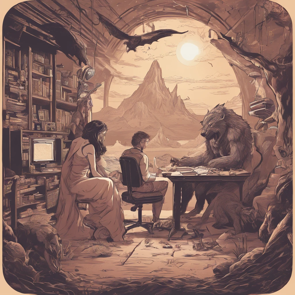 Girl and boy doing podcast in studio , in background there are werewolf , mermaids , vampires , fairy , mythological creatures , beautiful ancient landscape , high quality , beautiful