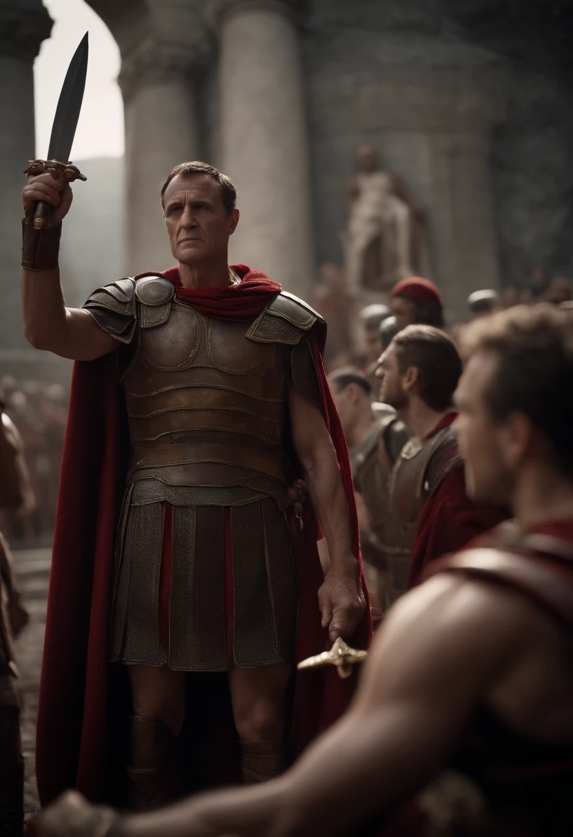 Produce an image depicting the moment when Julius Caesar uttered his last words, 'Et tu, Brute?