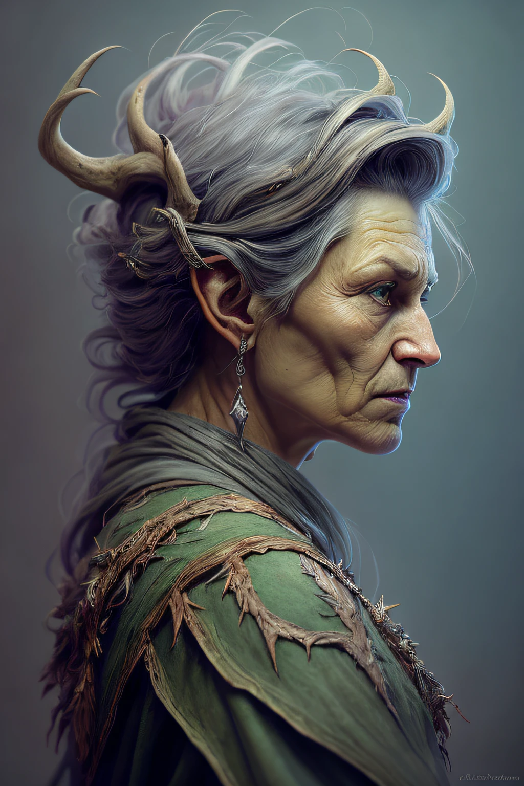 High angle detailed ((dnd druid portrait)), continued, high definition, (oil painting: 1.1), (comic art style: 1.5), (ink outline: 1.3), stunning, people, portrait, ((( Side view))), angular features, (dark gray gradient bob hair), (soft natural color: 1.3) painting style by Jean Baptiste Monge