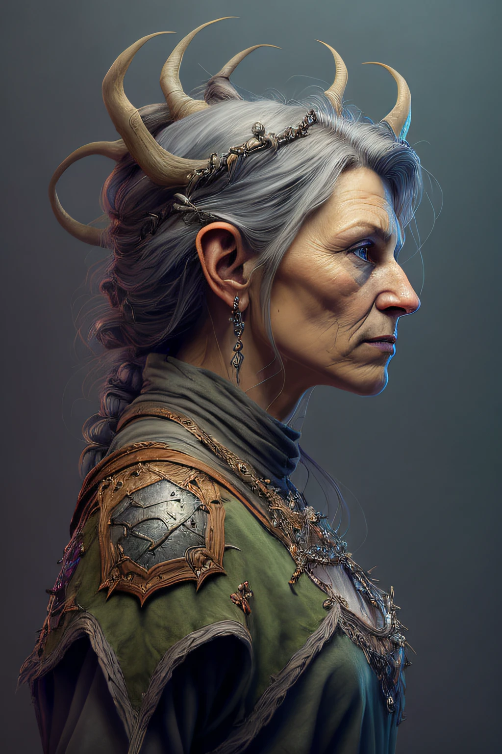 High angle detailed ((dnd druid portrait)), continued, high definition, (oil painting: 1.1), (comic art style: 1.5), (ink outline: 1.3), stunning, people, portrait, ((( Side view))), angular features, (dark gray gradient bob hair), (soft natural color: 1.3) painting style by Jean Baptiste Monge