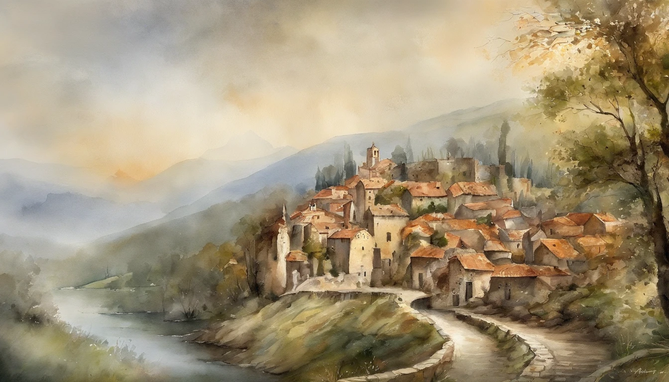 cidade medieval,white sky,bosques e pontes,aquarela,cidade antiga,primavera,in the early morning,Tons laranjas claros,super-fino,Cuidadosamente retratado,alta qulidade,8k,
