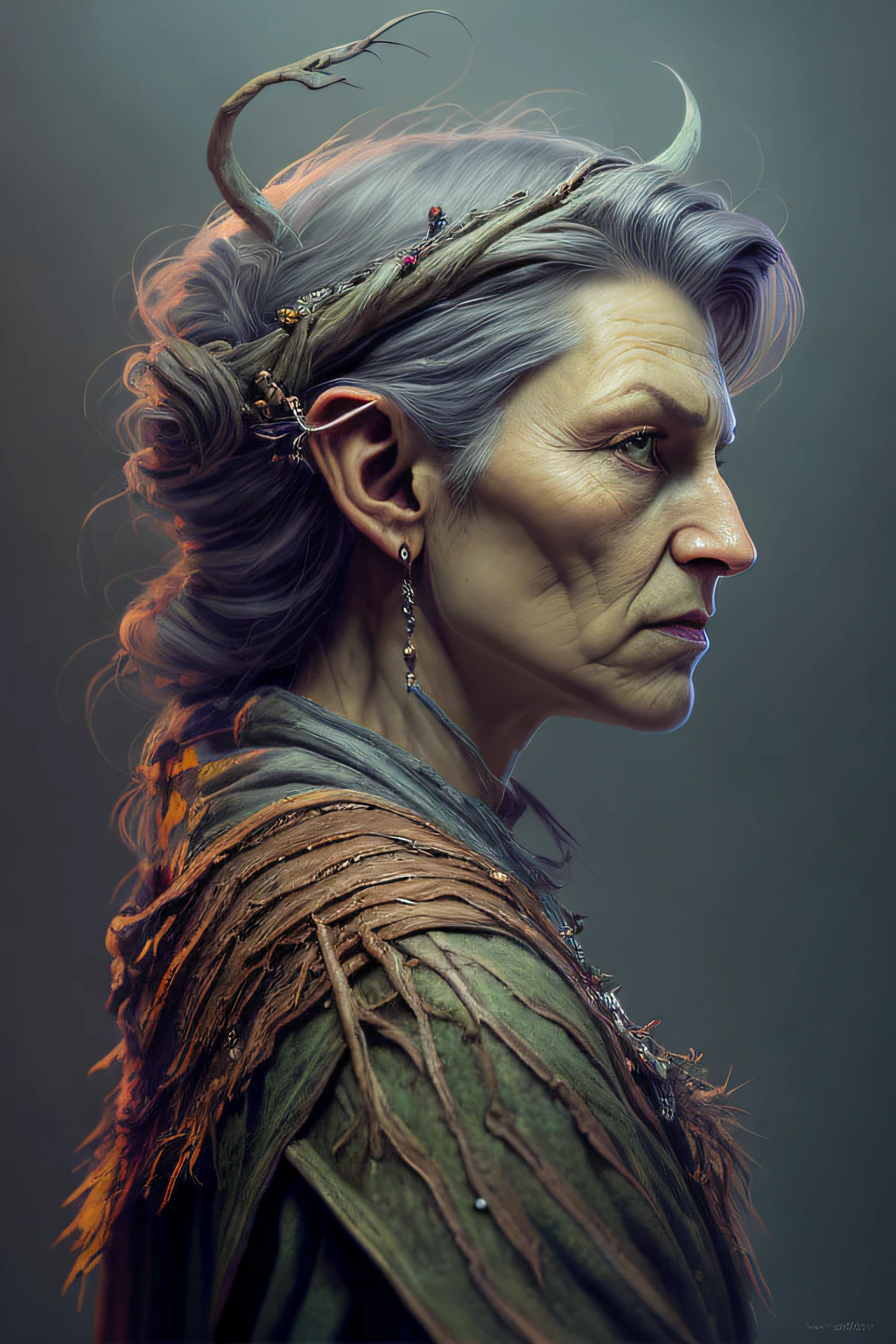 High angle detailed ((dnd druid portrait)), continued, high definition, (oil painting: 1.1), (comic art style: 1.5), (ink outline: 1.3), stunning, people, portrait, ((( Side view))), angular features, (dark gray gradient bob hair), (soft natural color: 1.3) painting style by Jean Baptiste Monge