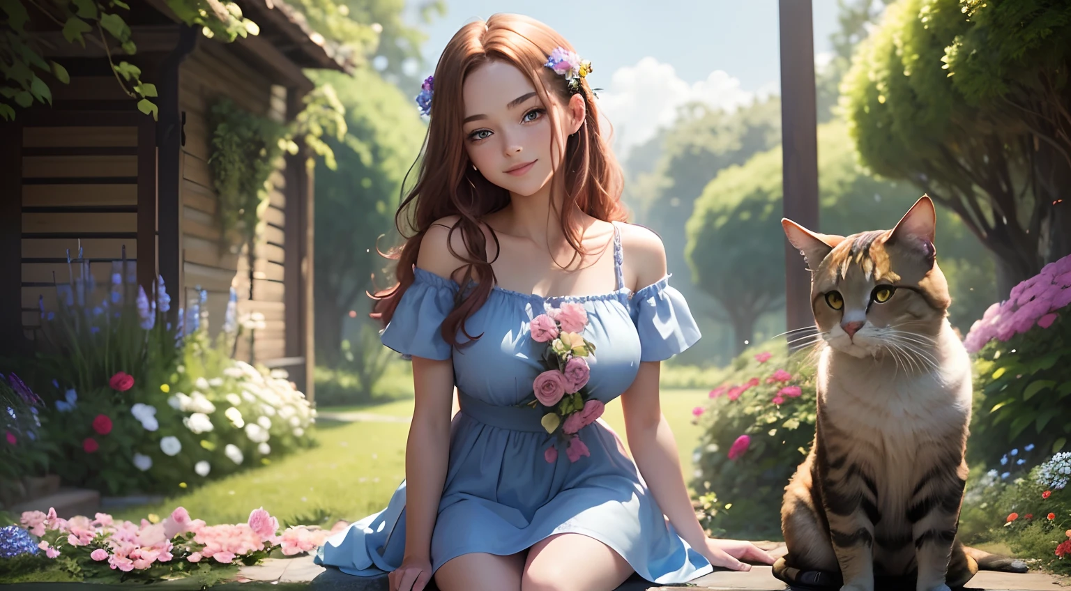 Full portrait photo from top to bottom of an 18-year-old girl as beautiful as in a fairy tale, sitting in a garden full of flowers, holding her pet cat, wearing a modern, cool short dress, shoulder-length chestnut hair, eyes blue, pink dress, bright smile, big breasts, slim waist, long white legs...