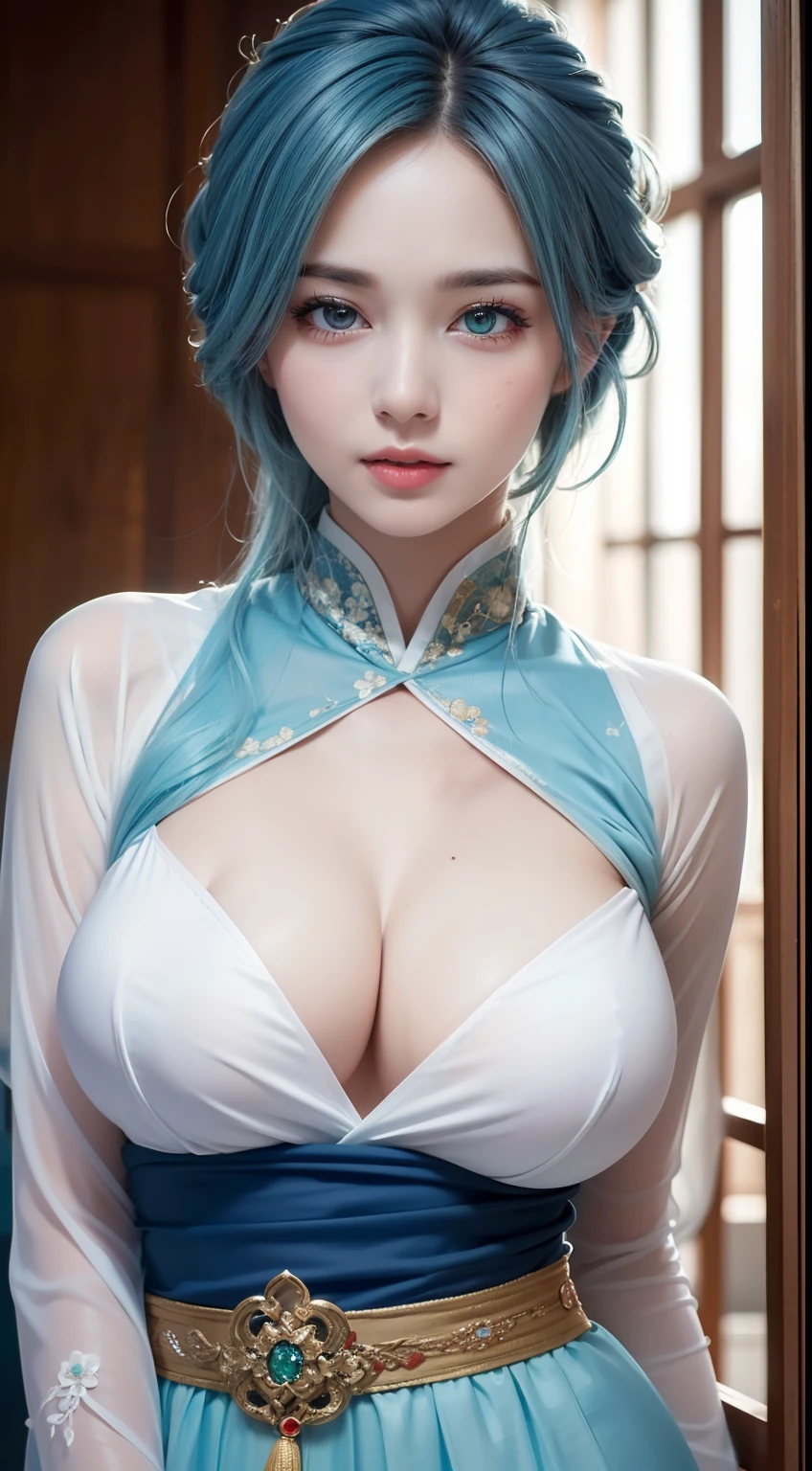 (hyper realisitic), (Illustration), (High resolution), (8K), (Extremely detailed), (Best Illustration), (Beautiful detailed eyes), (Best Quality), (Ultra-detailed), (masutepiece), (wall-paper), (Photorealistic), (Natural light), (Rim lighting), (Detailed face), (Highly detailed realistic skin texture), (Anatomically correct), (Solo), (1 girl), (extremely detailed realistic hair), (Blue hair:1.2), spiked hair, (Heterochromic eyes), (Detailed green eyes), (Small moles under the eyes), (Realistic big breasts:1.5), (Exposed breasts:1.3), (Long legs), (Slender Abs), (Dynamic Pose), (Closed mouth:1.3), (Traditional costumes of Hanfu), (Sheer clothes:1.5), NSFW,