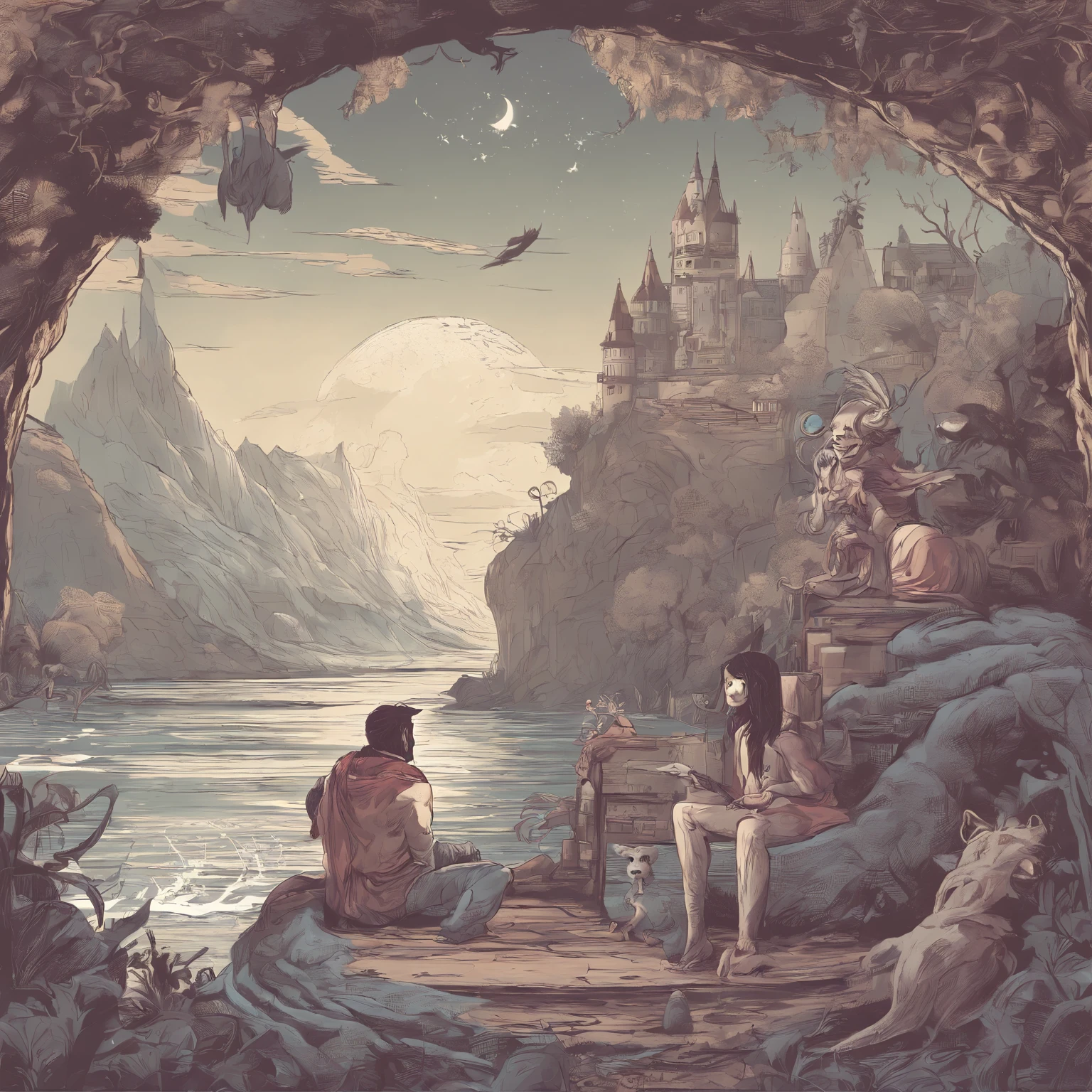 Girl and boy doing podcast in studio , in background there are werewolf , mermaids , vampires , fairy , mythological creatures , beautiful ancient landscape , high quality , beautiful