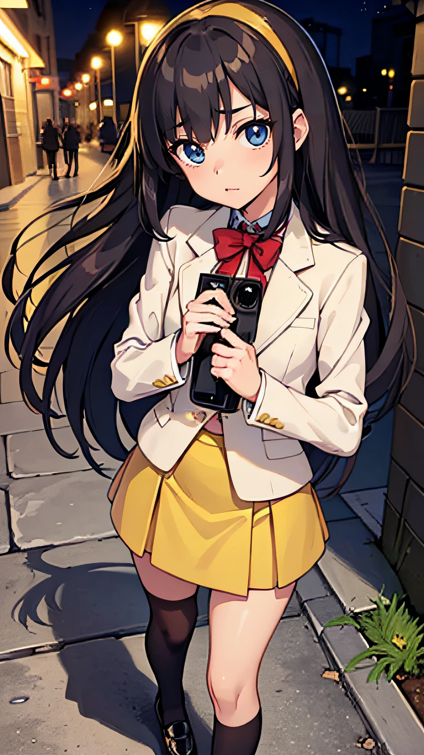 (Masterpiece),(top-quality),Venice,Brick cobblestones,Coming running up to you, Composition from the knee up,Built for cameras,oriented,student clothes, (Red Blazer:1.3),(long-sleeve:1.3),(Yellow headband:1.3),(Beige skirt:1.3),((small udder)),((skinny thigh)),Soft skin, High school students,Tall,Mature body,Nice big blue eyes, (High detail eyes),A look of compassion,Eyes open,Looking at the camera, Black hair, Longhaire,Blue ribbon on chest, Glossy black stockings, Loafer shoes, natta,Illuminated by streetlights,Flowerbed filled with colorful flowers,Fashionable alley,Beautiful street trees,A channel of pure water,Overhead configuration, f lare, Fine Features, Perfect Anatomy Tommy, Centered, Perfect distance, Highly detailed, with an intricate, acurate, Highly detailed rich colors, taming, Rich colors, clean, Rich colors, elaborate details, golden ratio illustrations