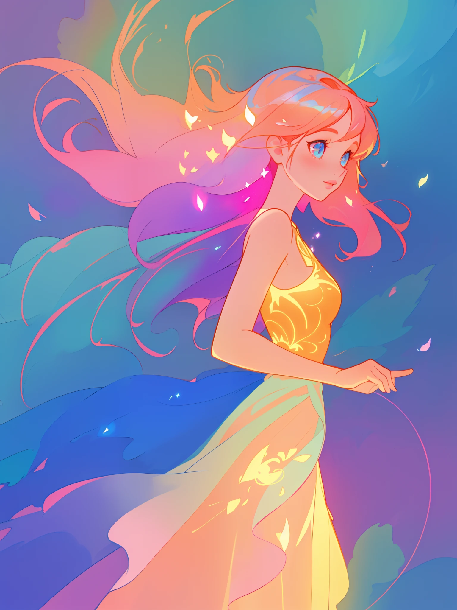 beautiful anime girl in multi-layered ballgown dress, flowing pink and orange hair, beautiful girl, vibrant pastel colors, (colorful), magical lights, sparkling lines of light, inspired by Glen Keane, inspired by Lois van Baarle, disney art style, by Lois van Baarle, glowing aura around her, by Glen Keane, jen bartel, glowing lights! digital painting, flowing glowing hair, glowing flowing hair, beautiful digital illustration, fantasia background, whimsical, magical, fantasy, beautiful face, ((masterpiece, best quality)), intricate details, highly detailed, sharp focus, 8k resolution, sparkling detailed eyes, liquid watercolor
