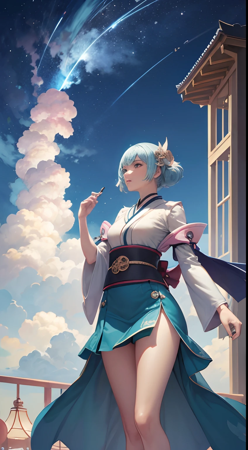 A Japanese style　George Barbier, Walter Crane, Watercolor printmaking style　animesque　surreal　wondrous　strange　Whimsical　fanciful　Sci-Fi Fantasy　Tower of Babel Collapse　lightning　blue-sky　cumulonimbus clouds　Miniskirt high school girl looking up from the ground　beautiful perfect voluminous body, detailed, high resolution definition quality, vibrant colors, girl, masterpiece, sharp focus, best quality, depth of field, cinematic lighting,