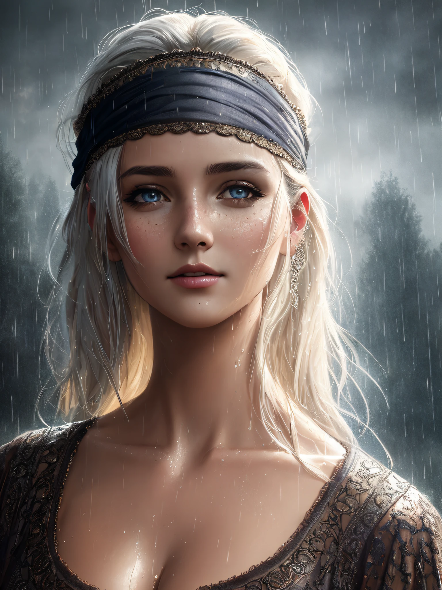 a portrait photo Paul Leonard Newman, natural skin texture, 24mm, 4k textures, dirty skin, soft cinematic light, adobe lightroom, photolab, smiling, bandana, detailed rain, detailed water drops, wet skin, freezing, masterpiece, (beautiful detailed eyes:1.1), best quality, illustration, (detailed lighting:1.2), (beautiful detailed glow:1.3), leather clothing, deep cleavage, intricate, digital painting, smooth, sharp focus, end of the world, epic realistic, (hdr:1.4), (muted colors:1.4), neutral colors, night, screen space refractions, (intricate details, hyperdetailed:1.3), cinematic shot, torso up