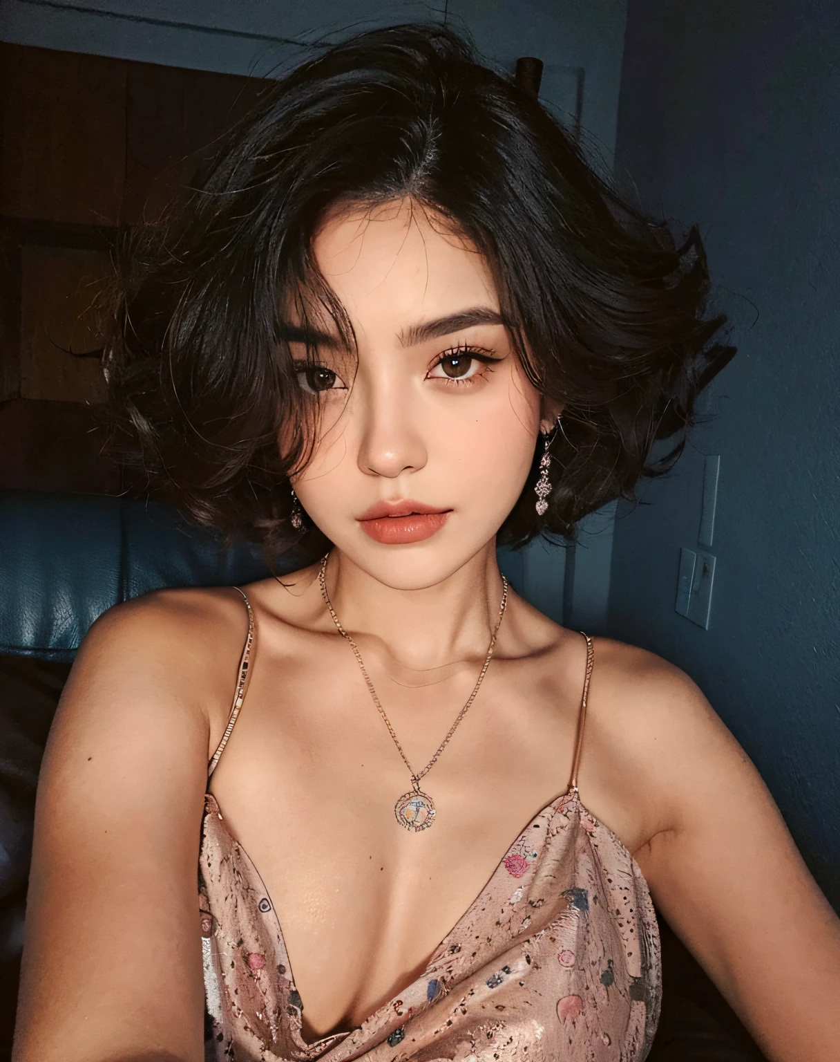 There's a woman with a necklace and a dress posing for a picture, com cabelos curtos, curly middle part haircut, cabelos cacheados e curtos, cabelos curtos ondulados, Cabelos curtos ondulados, Bob Corte de Cabelo, cabelos ondulados e curtos, cabelos na altura do queixo, cabelos curtos e cacheados, cindy avelino, com um corte bob, com o mesmo penteado