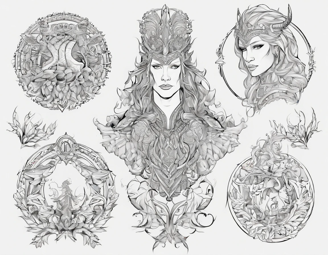 (best quality,highres,ultra-detailed),portraits,realistic lighting, vibrant colors, ethereal, magical, fantasy, intricate details, flowing red hair, piercing golden eyes, fierce expression, fearless warrior, dynamic poses, powerful sword-wielding, intense battle scenes, mythical tattoo designs, elegant horns, otherworldly backgrounds, dynamic compositions. ((Character Reference Sheet: 1.5))