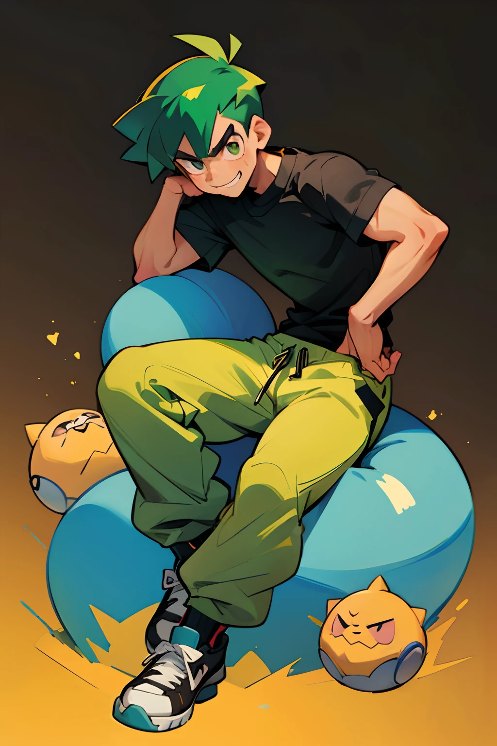 (best quality, masterpiece, pokemon style), 1 older man, brown skin, manly, scruffy, bulky, muscular, short spiky green hair, shiny yellow eyes, downturned eyebrows, grin, black tshirt, black sweatpants, sneakers, particle, wind, simple graffiti background, looking at viewer, upwards angle, full body, bulky arms, bulky legs, green pokemon balls, sitting, manspread, chin mustache