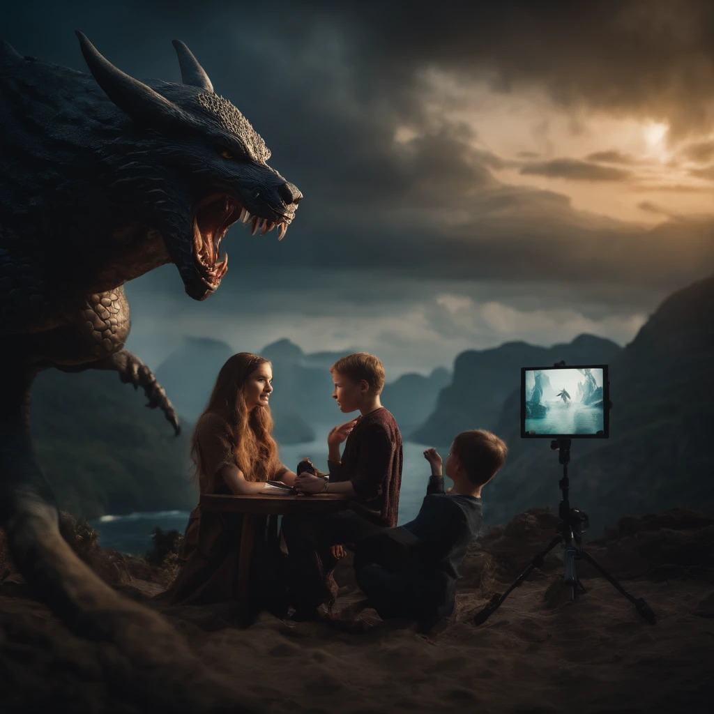 Girl and boy doing podcast in studio , in background there are werewolf , mermaids , vampires , fairy , mythological creatures , beautiful ancient landscape , high quality , beautiful , dragons flying in distunce