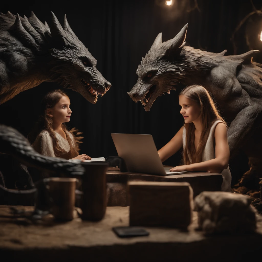 Girl and boy doing podcast in studio , in background there are werewolf , mermaids , vampires , fairy , mythological creatures , beautiful ancient landscape , high quality , beautiful , dragons flying in distunce