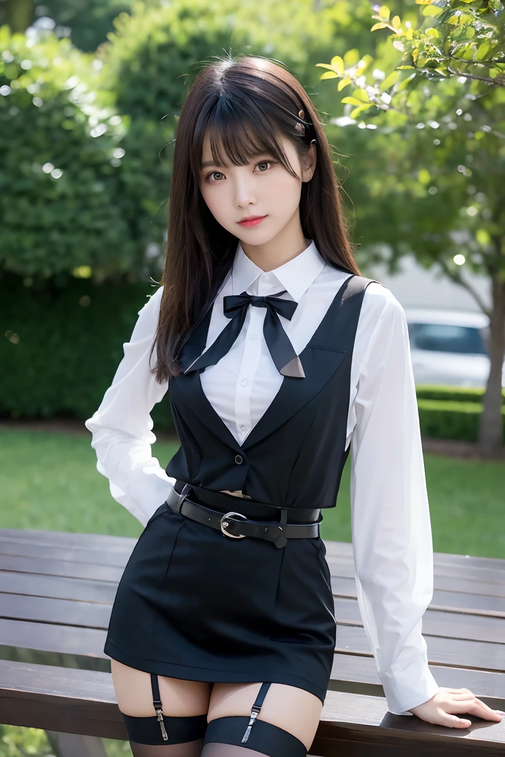 masterpiece、top-quality、The ultra -The high-definition、、colourfull、flat-colors、depth of fields、lens flare 1 girl、、A dark-haired、watching at viewers suits Cutter shirt a belt suspenders working adults materia OL Black Suit Black jacket glares huge-breasted a miniskirt garterbelts knee high stockings Black Niso