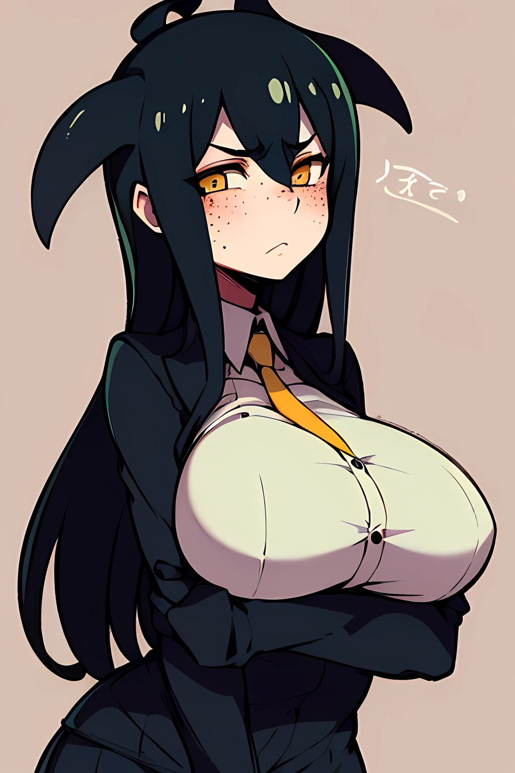 1girl, black tentacle hair, yellow eyes, goth school, goth clothes, freckles, tired look, shortstack