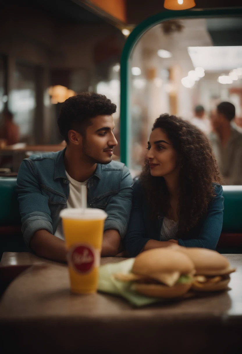 Couple of young Moroccans sitting in a fast food food new age type bright and illuminated ambiannce