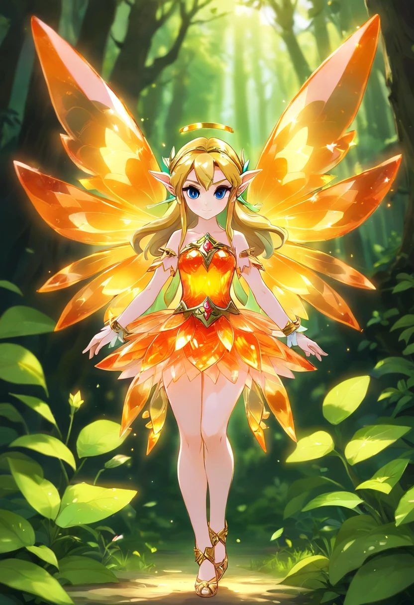 Fairy, made of luminescent orange crystal, crystal fairy wings, crystal armor, masterpiece, best quality