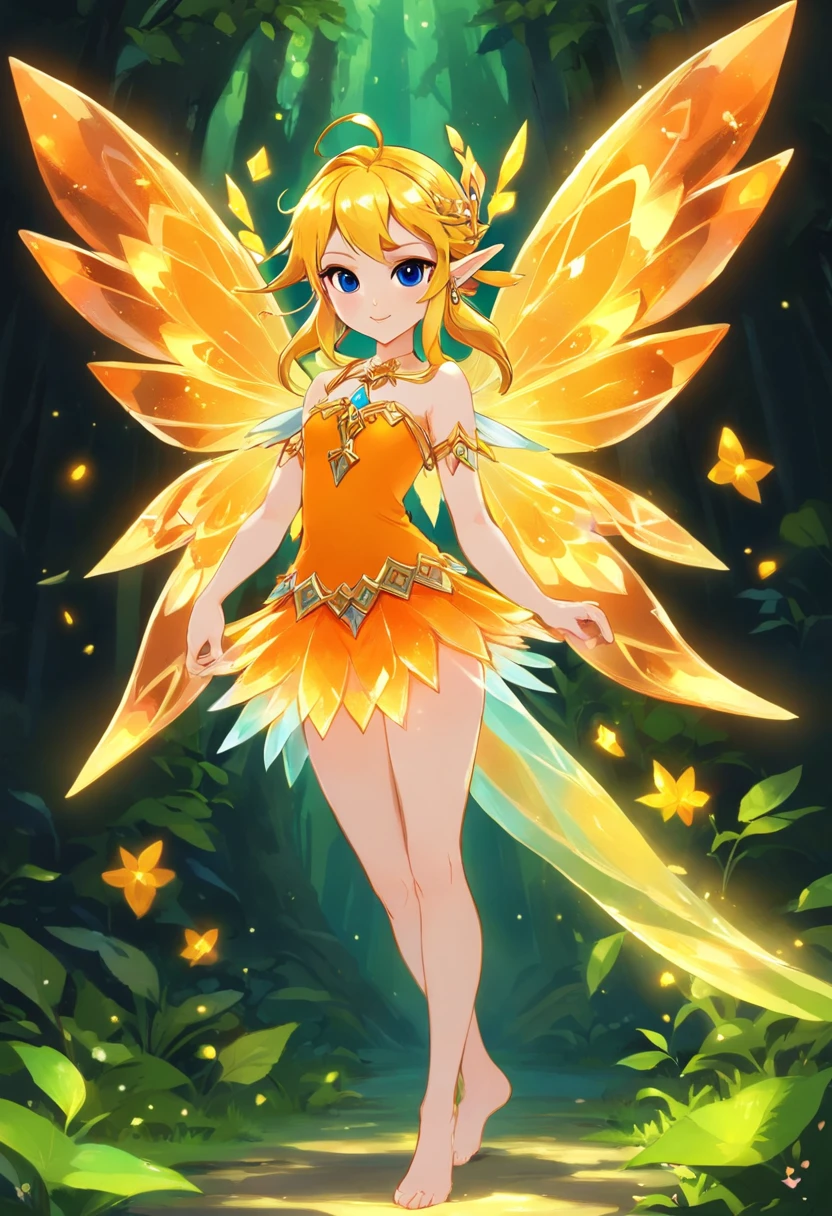 Fairy, made of luminescent orange crystal, crystal fairy wings, crystal armor, masterpiece, best quality