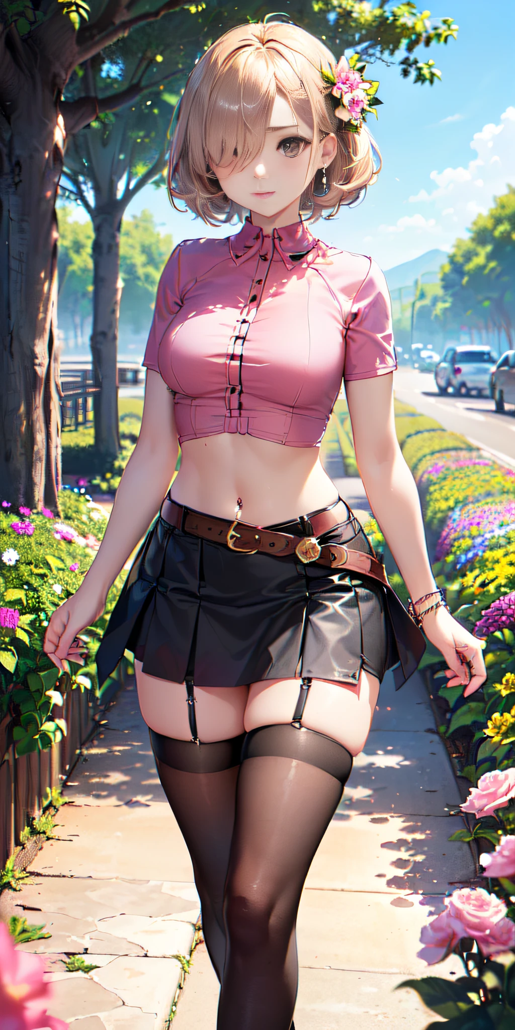 (((obra maestra, mejor calidad, highres, hmeliza, 1girl, hair over one eye, jewelry, single thighhigh, midriff, black skirt, asymmetrical legwear, pink shirt, black thighhighs, belt, miniskirt, standing, cowboy shot, outdoors, filed, flower )))