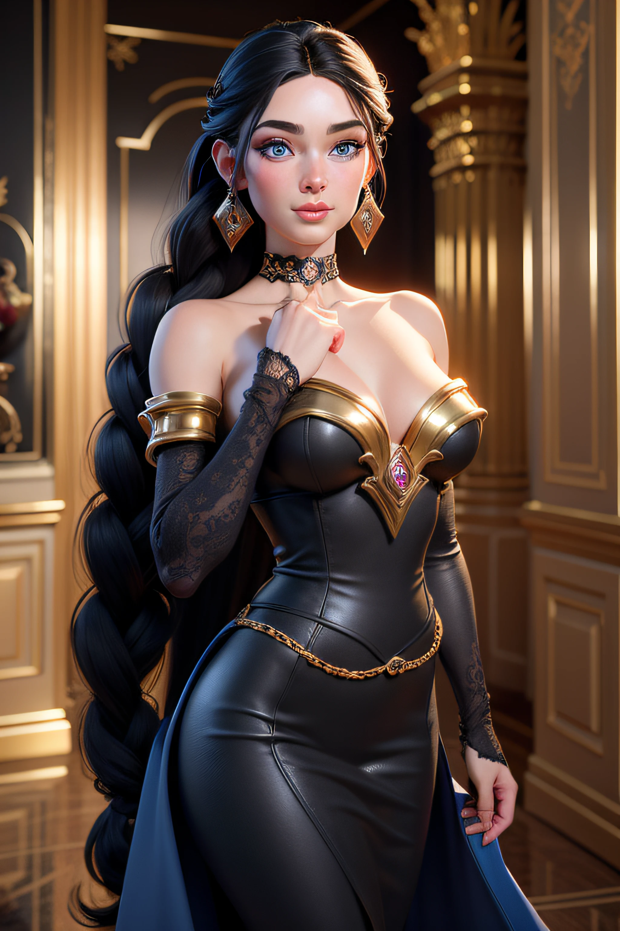 masterpiece, 3dmm style, solo, highly detailed, ultra-detailed, ultra-high resolution, (best quality), (best shadow), detailed, perfect lighting, black hair, very long hair, braids, [face freckles], (blue eyes), choker, smokey make up, close up, portrait, in a royal palace bath hall, perfect hands, perfect face, perfect body