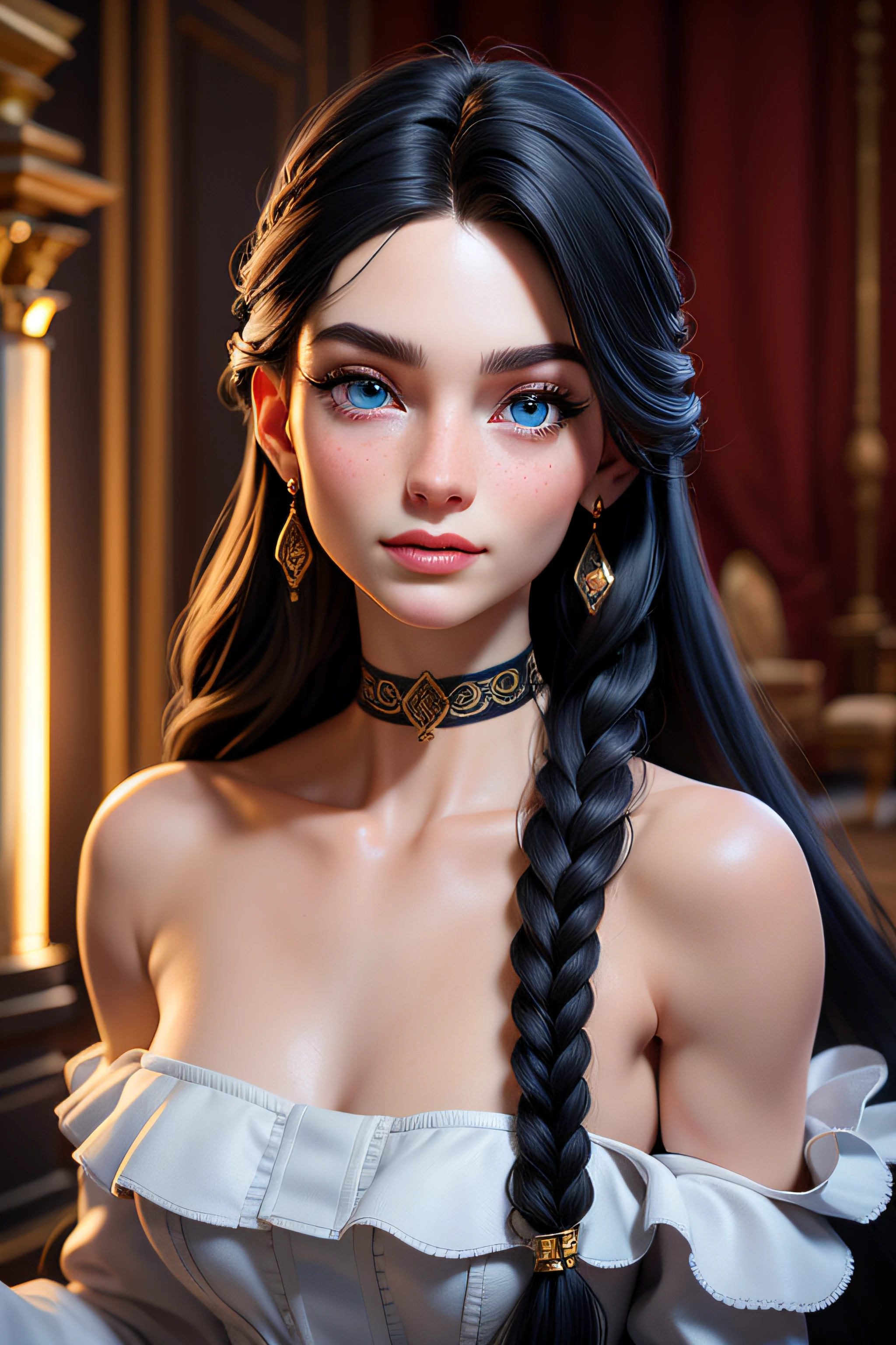masterpiece, 3dmm style, solo, highly detailed, ultra-detailed, ultra-high resolution, (best quality), (best shadow), detailed, perfect lighting, black hair, very long hair, braids, [face freckles], (blue eyes), choker, smokey make up, close up, portrait, in a royal palace bath hall, perfect hands, perfect face, perfect body