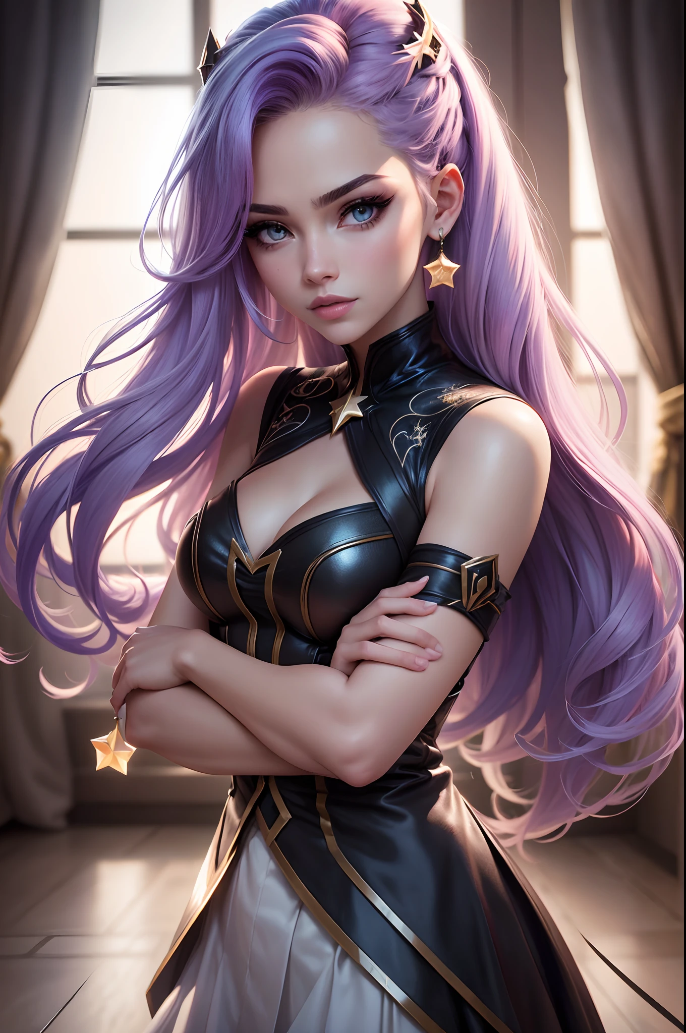 Lux elementalista de League of Legends, (extremamente detalhado CG unidade 8k papel de parede),(master part), (best quality), (ultra-detalhado), (best illustration),(melhor sombra), cowboy shot, (Sharp eyeliner, sombra, olhos detalhados:1), Fundo da cidade, ,quebrar , (star15escola:1.2), ornamento de cabelo, ,