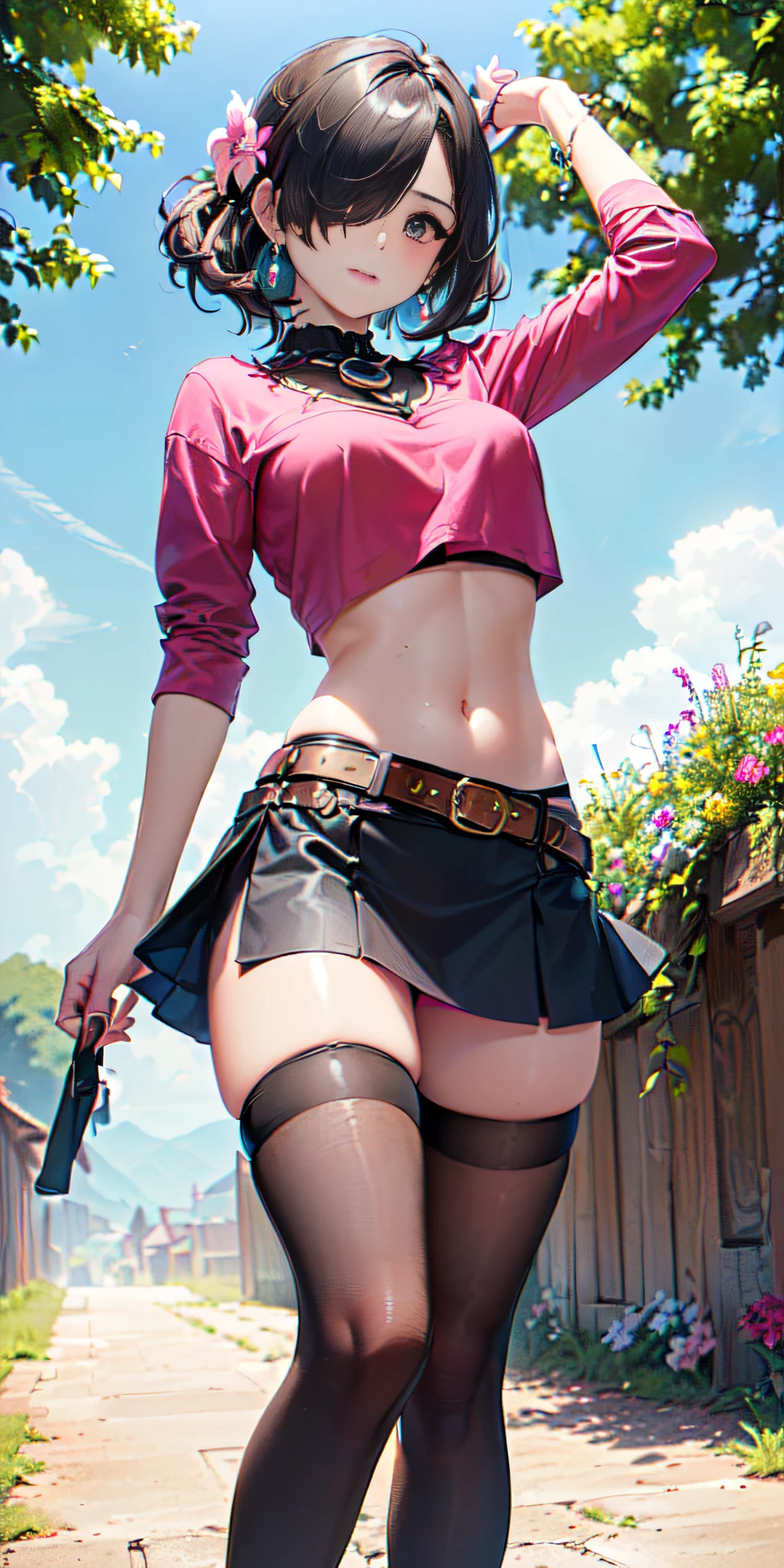 (((obra maestra, mejor calidad, highres, hmeliza, 1girl, hair over one eye, jewelry, single thighhigh, midriff, black skirt, asymmetrical legwear, pink shirt, black thighhighs, belt, miniskirt, standing, cowboy shot, outdoors, filed, flower )))