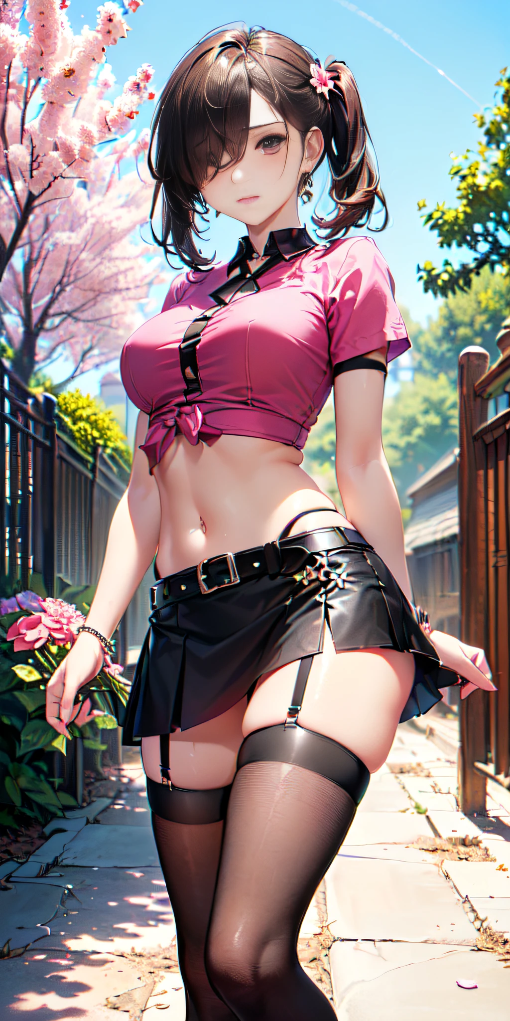 (((obra maestra, mejor calidad, highres, hmeliza, 1girl, hair over one eye, jewelry, single thighhigh, midriff, black skirt, asymmetrical legwear, pink shirt, black thighhighs, belt, miniskirt, standing, cowboy shot, outdoors, filed, flower )))