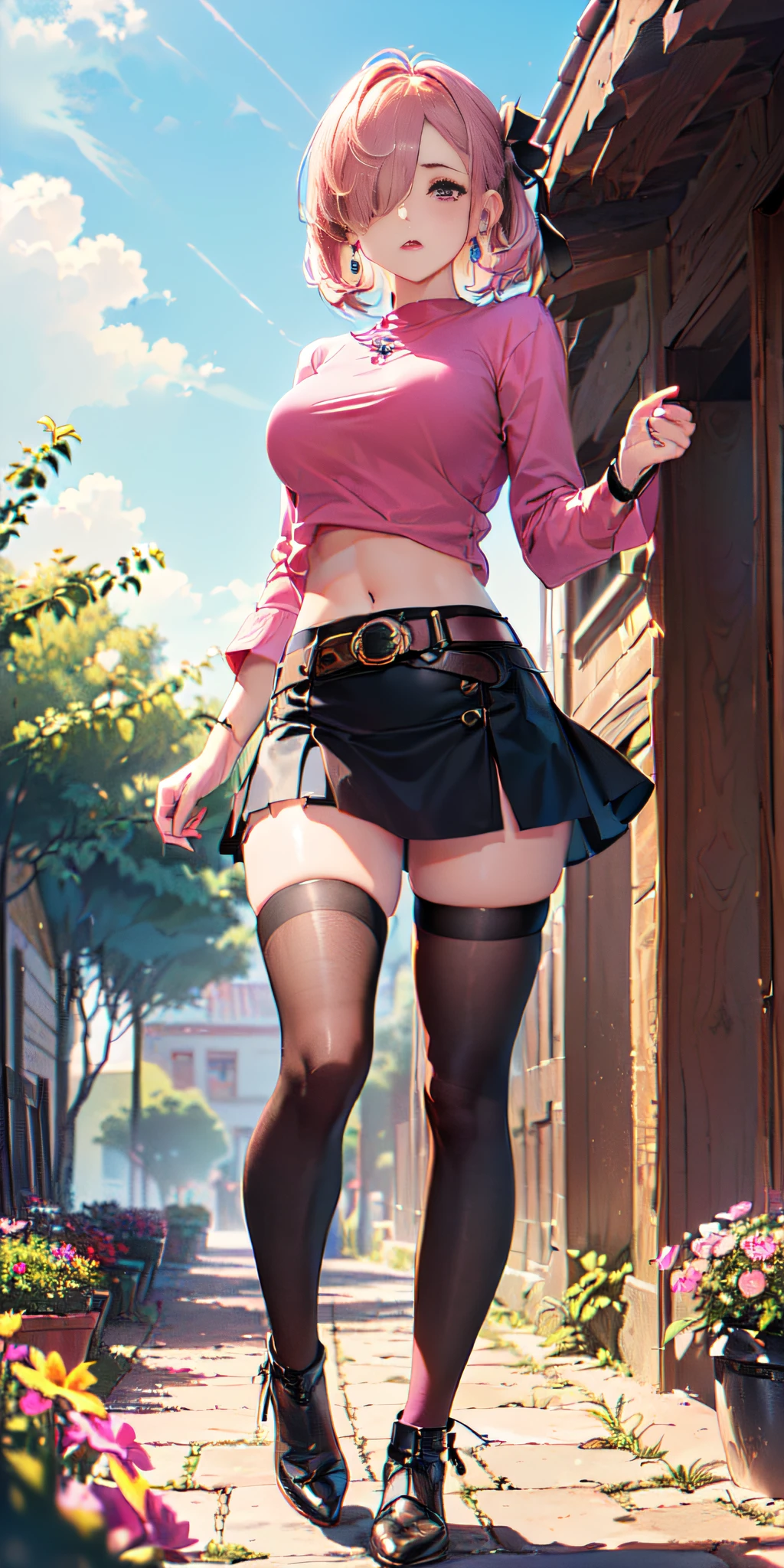 (((obra maestra, mejor calidad, highres, hmeliza, 1girl, hair over one eye, jewelry, single thighhigh, midriff, black skirt, asymmetrical legwear, pink shirt, black thighhighs, belt, miniskirt, standing, cowboy shot, outdoors, filed, flower )))