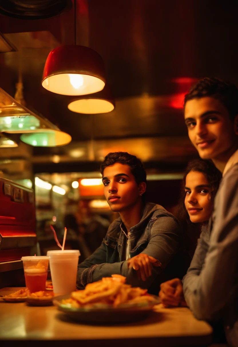 Couple de jeunes marocains assis dans un fast-food new age type ambiance lumineuse et lumineuse