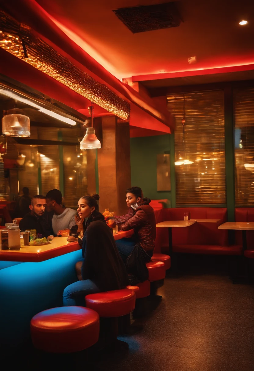 Couple de jeunes marocains assis dans un fast-food new age type ambiance lumineuse et lumineuse
