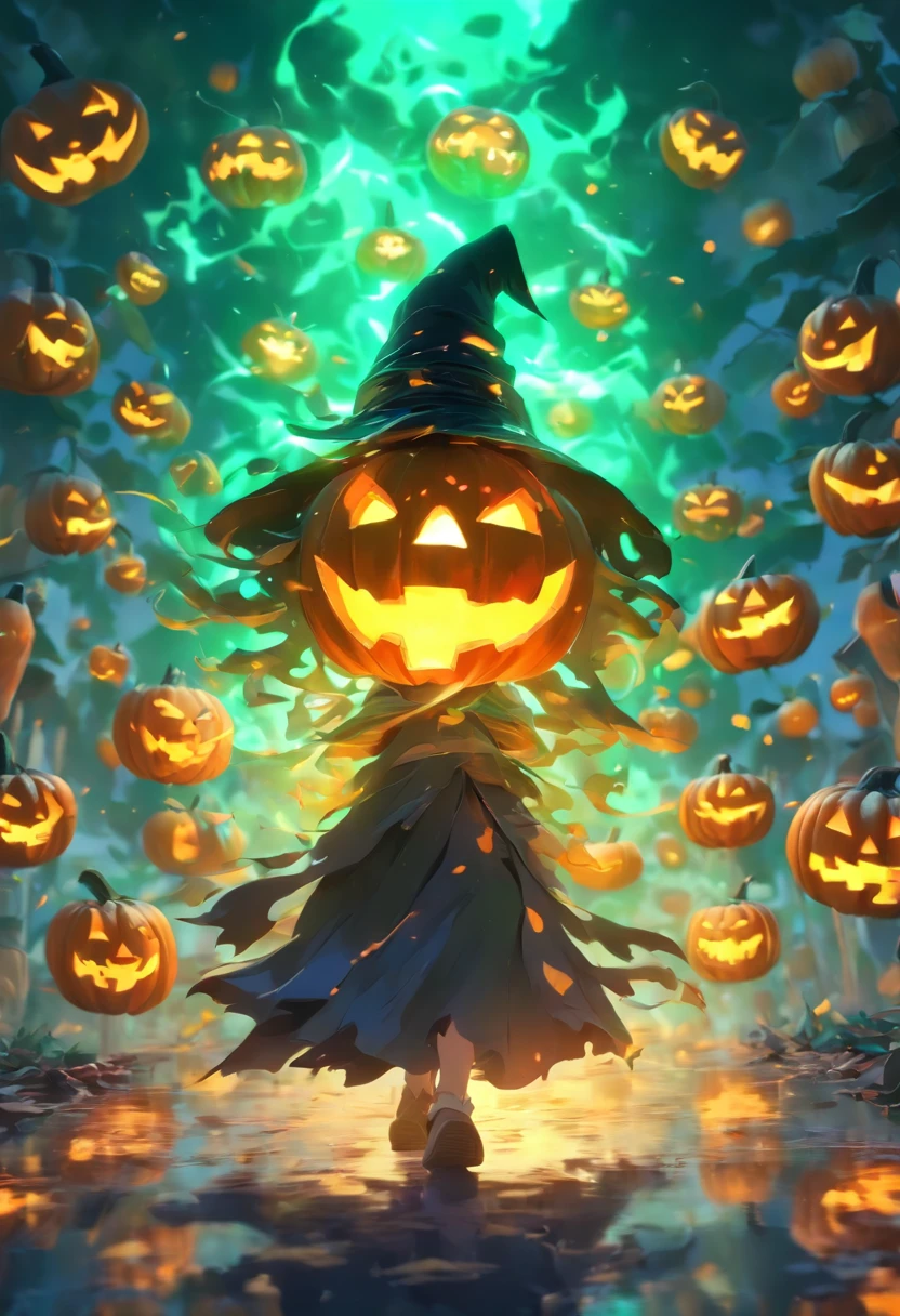 (A witch walks towards a giant jack-o'-lantern:1.5),(Halloween element:1.1),miniature world,(clean background),masterpiece,best quality,more details,(super creative),C4D,Abstract picture,surrealism,Pixar style,3D effect,Disney style,clear outline light,rim light,fantasy,spotlight,8k,