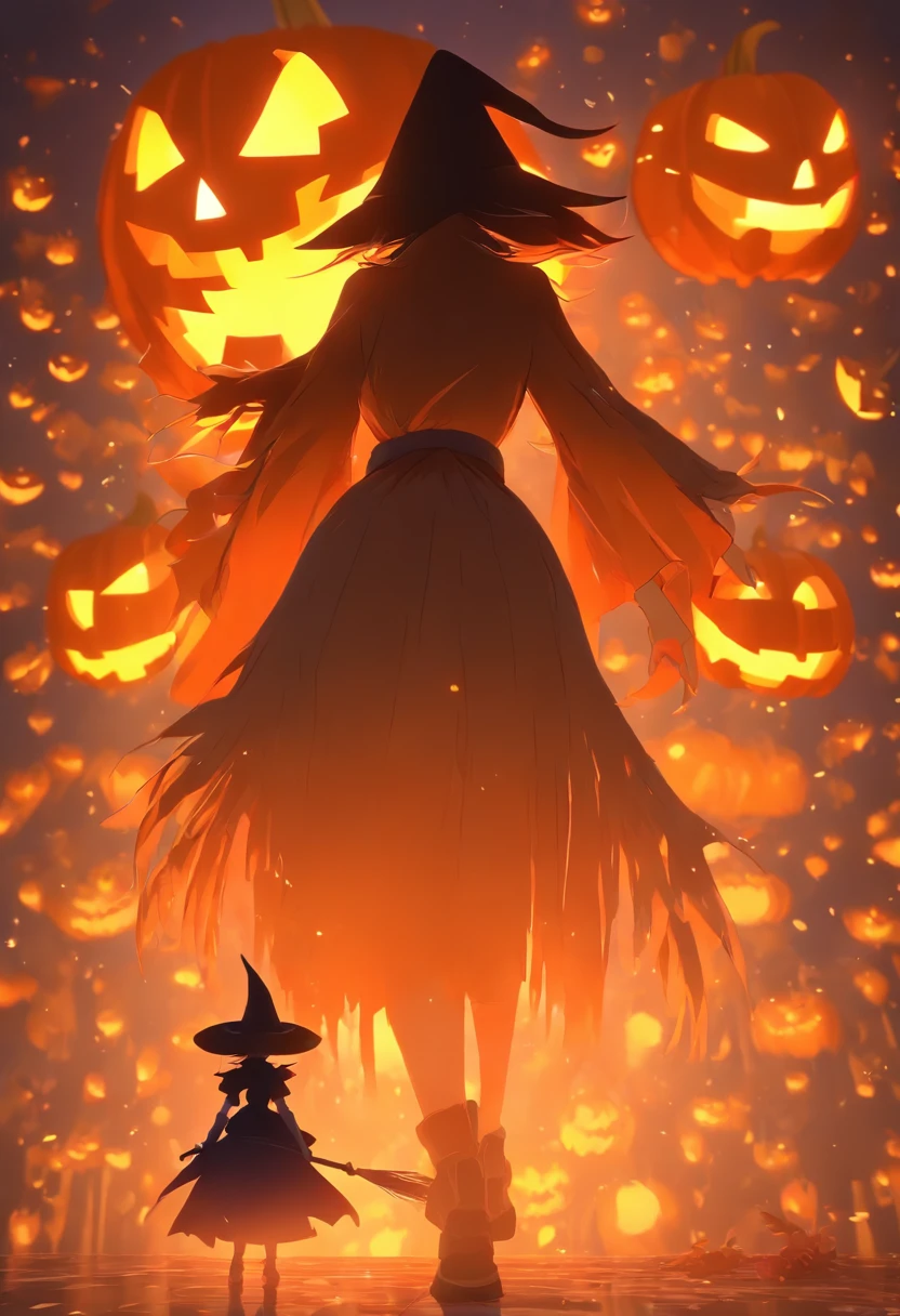 (A witch walks towards a giant jack-o'-lantern:1.5),(Halloween element:1.1),miniature world,(clean background),masterpiece,best quality,more details,(super creative),C4D,Abstract picture,surrealism,Pixar style,3D effect,Disney style,clear outline light,rim light,fantasy,spotlight,8k,