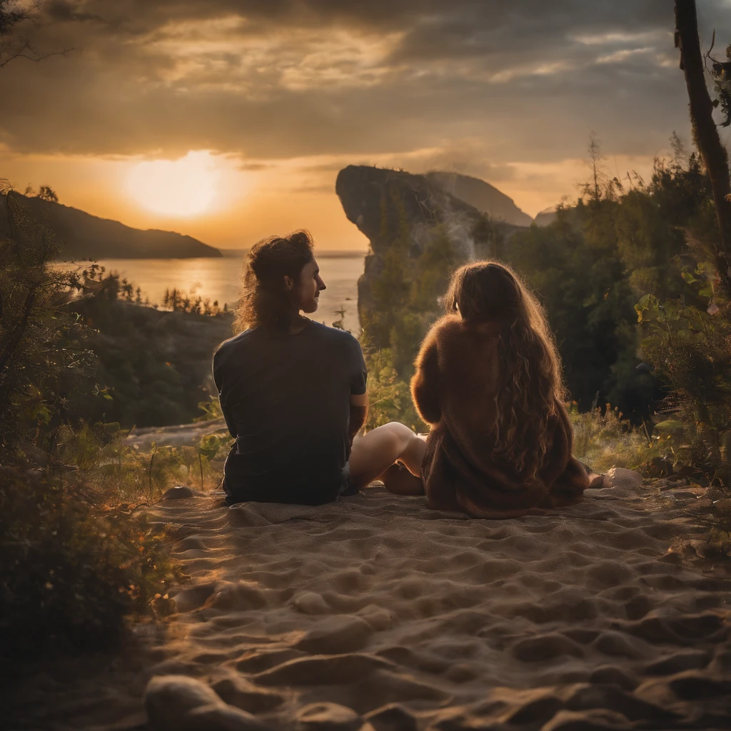 one Girl and one boy doing podcast in studio , mic and laptop on the table ,in background there are werewolf , mermaids , vampires , fairy , mythological creatures , beautiful ancient landscape , high quality , beautiful , dragons flying in distunce,