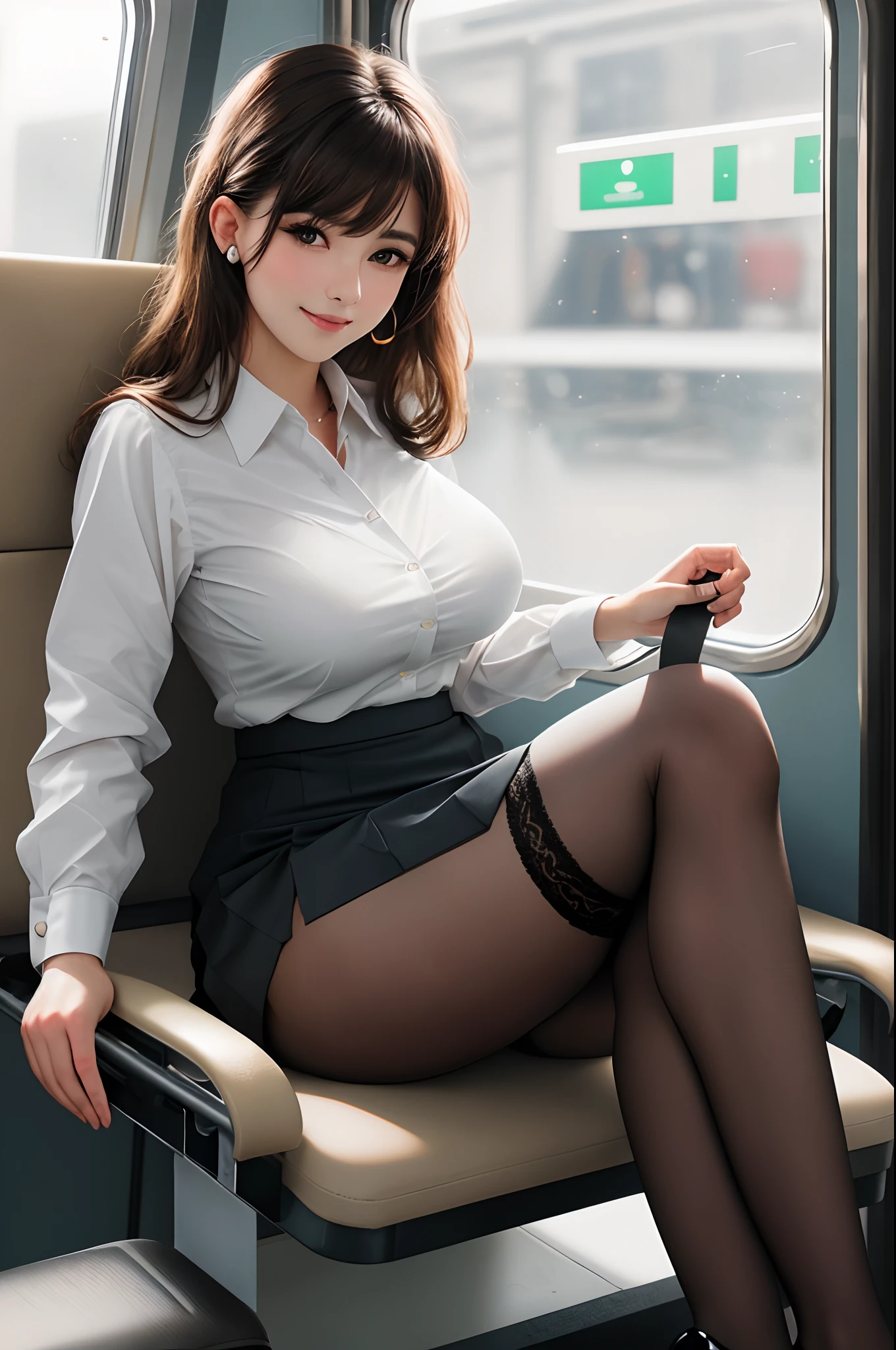 top-quality,ultra - detailed,tmasterpiece,hentail realism,photoreali,Bright lighting,1 girl in, An extremely beautiful royal sister, (kawaii:1.2),thin smile, (Brown eyes),(A brown-haired),(By bangs),perfect glossy shiny skins,Flawless skin,((erotick,Sexy and sexually explicit)),((Precise pointers,There is no incongruity)), Large full breasts,Big breasts Thin waist, looki at viewer,((office lady uniform)),((white shirt)),(Black hip skirt),(lifted by self),(showing panties),Black lace panties,panty focus,and wear no underwear,((Sit up,spread their legs)), black lence stockings, ,(high-heels), In the daytime,On the train,Horizontal bench seat with your back to the window