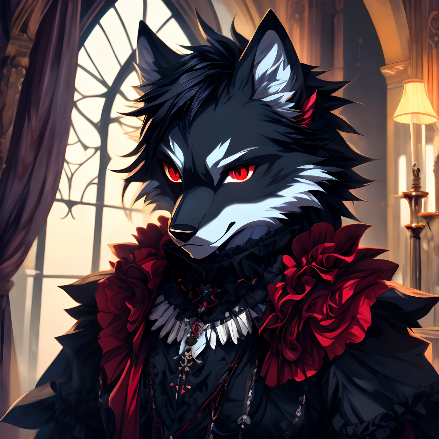 (best quality, masterpiece:1.2), wolf, black fur, wolf cut, red eyes, gothic clothes, black clothes, gothic castle bedroom, cool, calm, highres, frilly clothes, vibrant colors, looking at camera, anime style, bust shot, male, lean