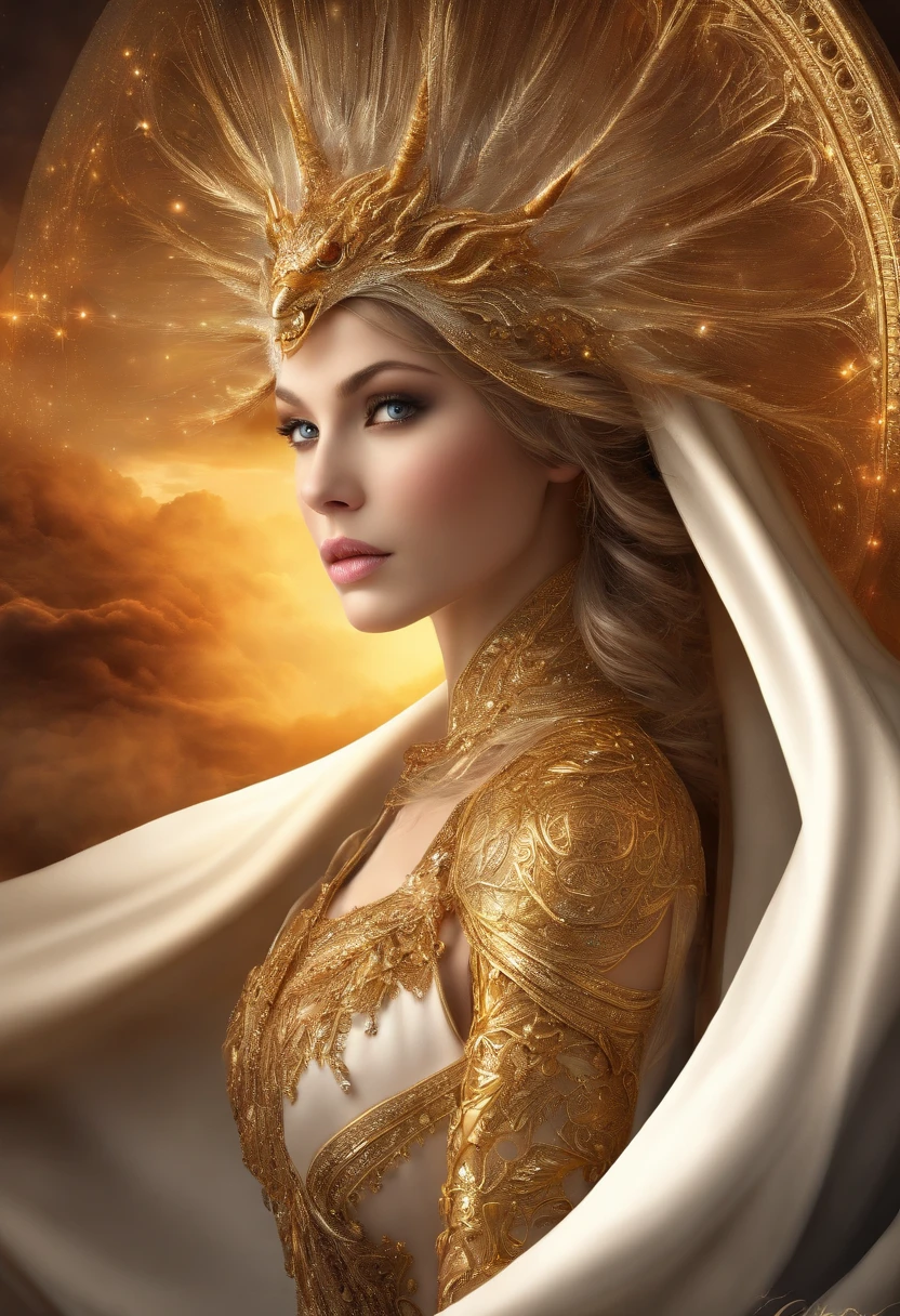 (Masterpiece, Top quality, Best quality, offcial art, Beautiful and aesthetic:1.2), (1girll), extreme detailed eyes, (Fractal art:1.3), Colorful, highest details, (Perfect face), Shiny skin, hdr, (white cloak golden lines:1.2), milky ways, (light stre), striking visual effects, (dynamic streaks, luminous trails:1.2), Vibrant colors, (Phoenix), (Dragon)