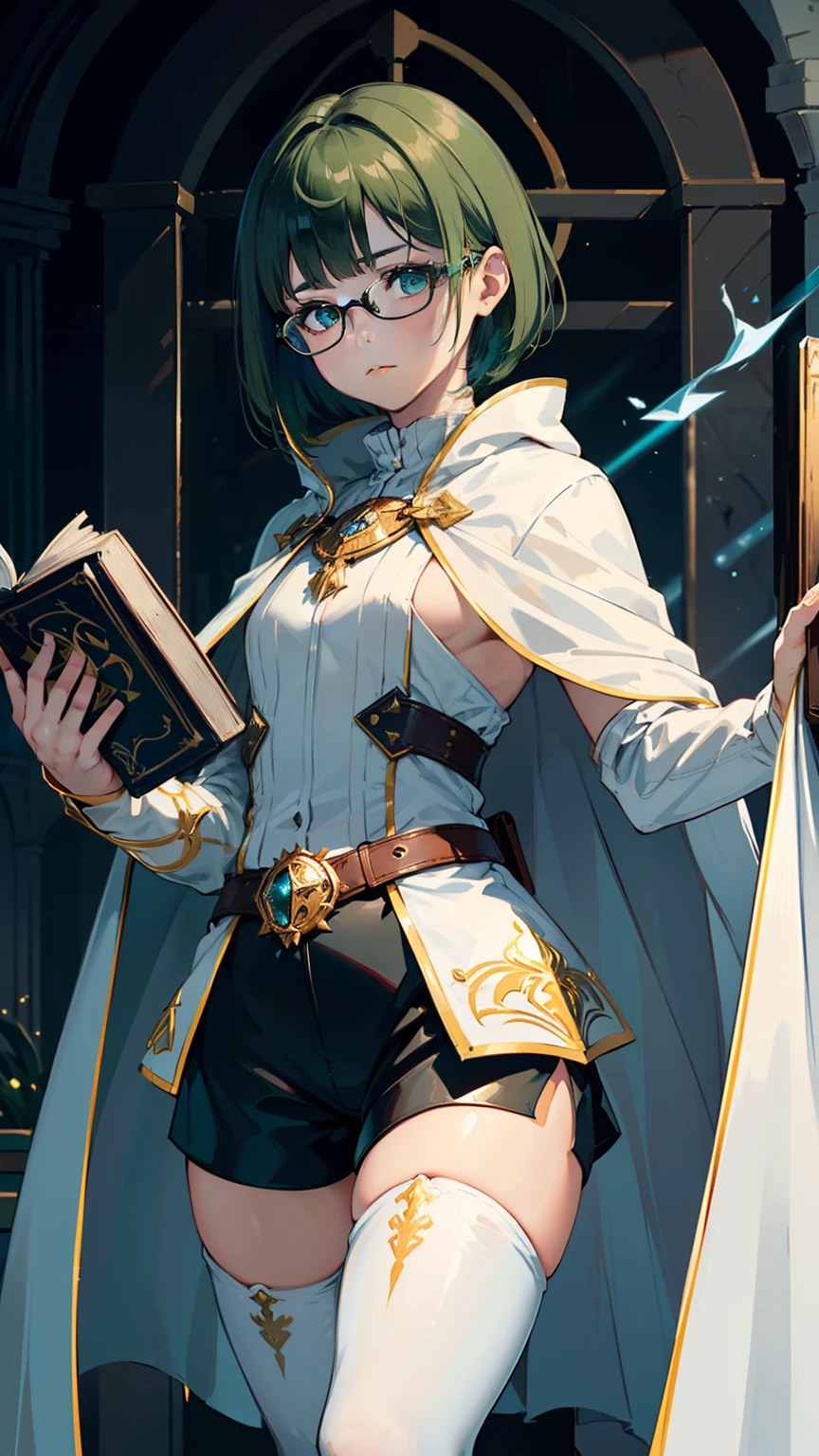 masterpiece, ultra detailed, 8k portrait, RAW photo, portrait photography, highly detailed face, beautiful and meticulous eyes, ((Fantasy)), Young beautiful, , child, dynamse, (((short deep green bobbed hair))), blunt bangs, White skin color, glasses, Luxury, (((white long tunic with a single vertical blue line))), (((black shorts))), (((white cape with coat of arms))), (((little waist hip pouch))), (((dark thigh high tights))), high cut leather boots, ((holding magic book)), Midday Sun, hyper realistic, slender body, flat chest, Long legs, in the medieval magic classroom, Ambient lighting, Shadow details , Camera focus on face, strong breeze, Light fog