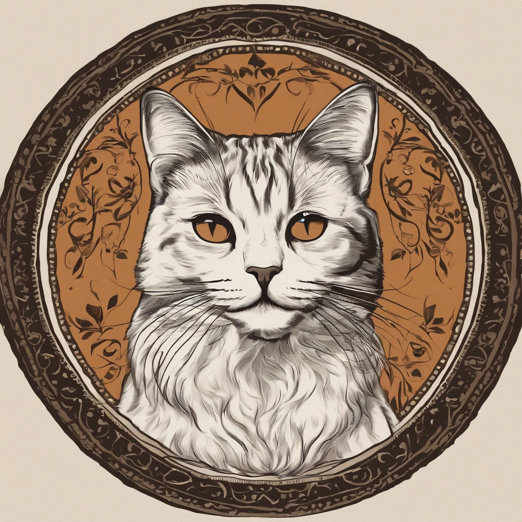 (no quadro),Cat not circle,um close-up,(sem antecedentes:1.5),Logotipo da camiseta,logotipo do adesivo,Arte de corte,( e gato de frente um para o outro com um sorriso)