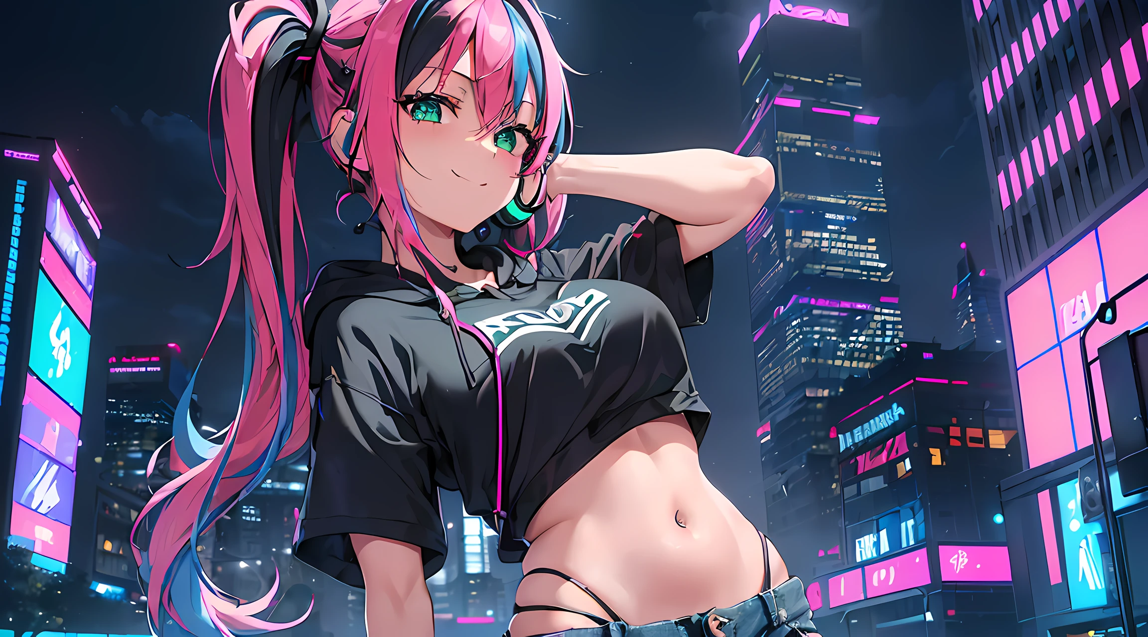 ​masterpiece, 1girl ((20year old, Black short sleeve hoodie exposes navel, tight blue jeans, medium breasts, multicolor pink hair, twin ponytails, green eyes, happy, smiling, flirtatious, headphones, standing in a street at night, neon lights and towering skyscrapers, futuristic and energetic atmosphere)）