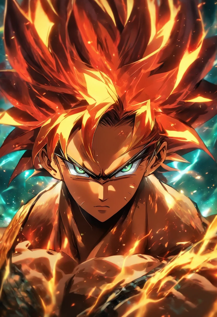 Cara bonito com olhos vermelhos, Em um fundo escuro neutro, Duas cores de cabelo vermelho e loiro,Hair is relatively short,Handsome,homem alto e musculoso,Um bonito e decisivo,Abdominais de oito pacotes,parte superior do corpo nua, O corpo emite um brilho dourado,Gestos majestosos e pisoteio em chamas ardentes. Chamas surgiram ao redor deles, criando uma atmosfera opulenta