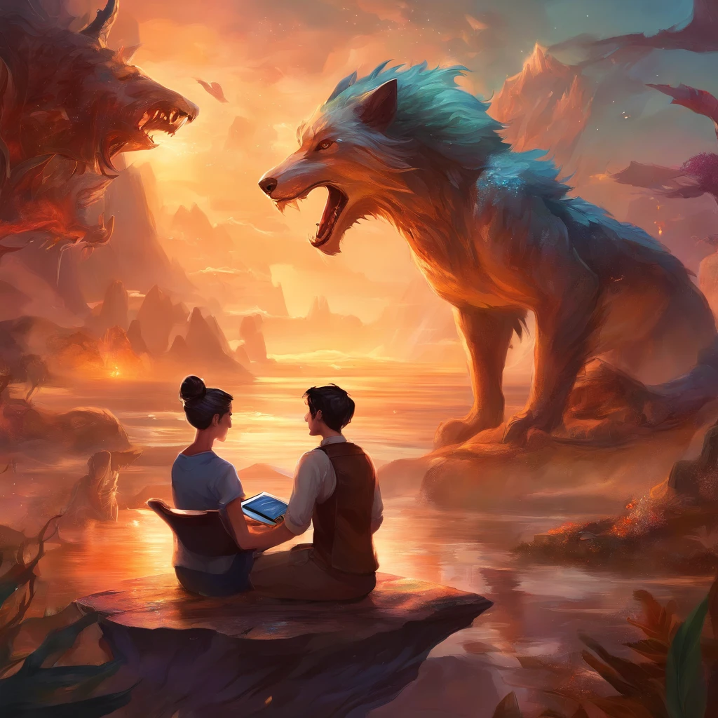 one Girl and one boy doing podcast in studio , mic and laptop on the table ,in background there are werewolf , mermaids , vampires , fairy , mythological creatures , beautiful ancient landscape , high quality , beautiful , dragons flying in distunce,