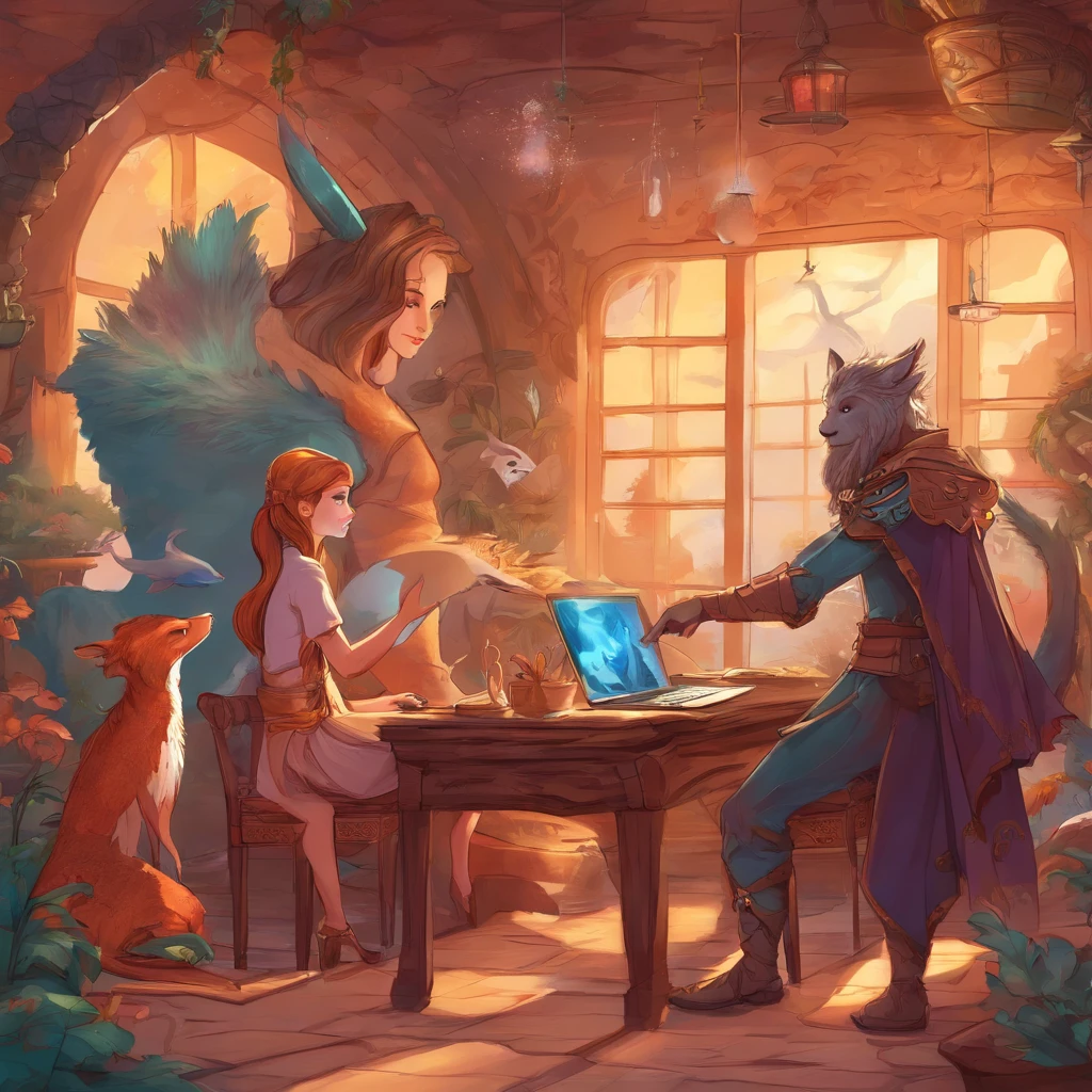 one Girl and one boy doing podcast in studio , mic and laptop on the table ,in background there are werewolf , mermaids , vampires , fairy , mythological creatures , beautiful ancient landscape , high quality , beautiful , dragons flying in distunce,