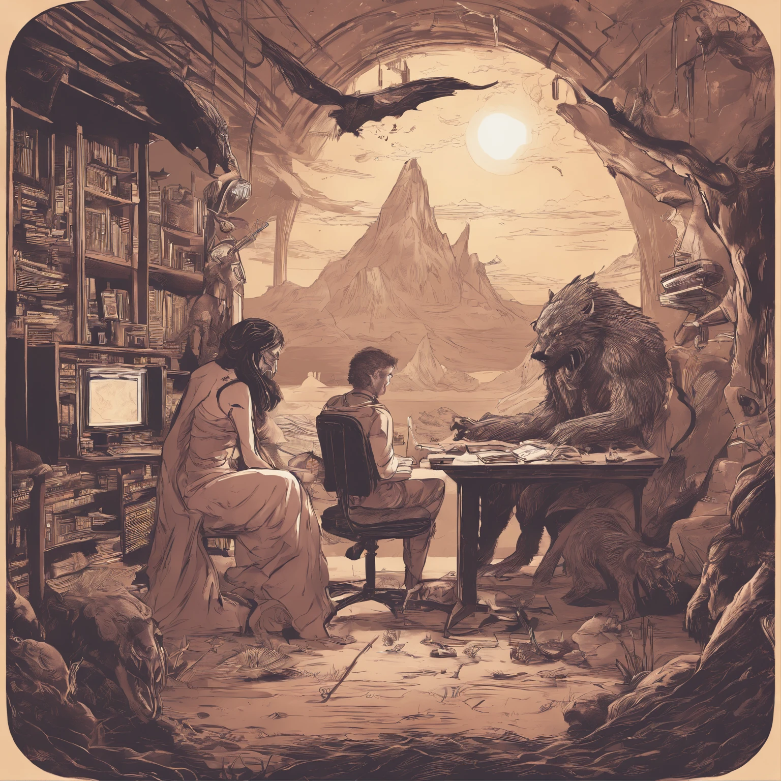 Girl and boy doing podcast in studio , in background there are werewolf , mermaids , vampires , fairy , mythological creatures , beautiful ancient landscape , high quality , beautiful