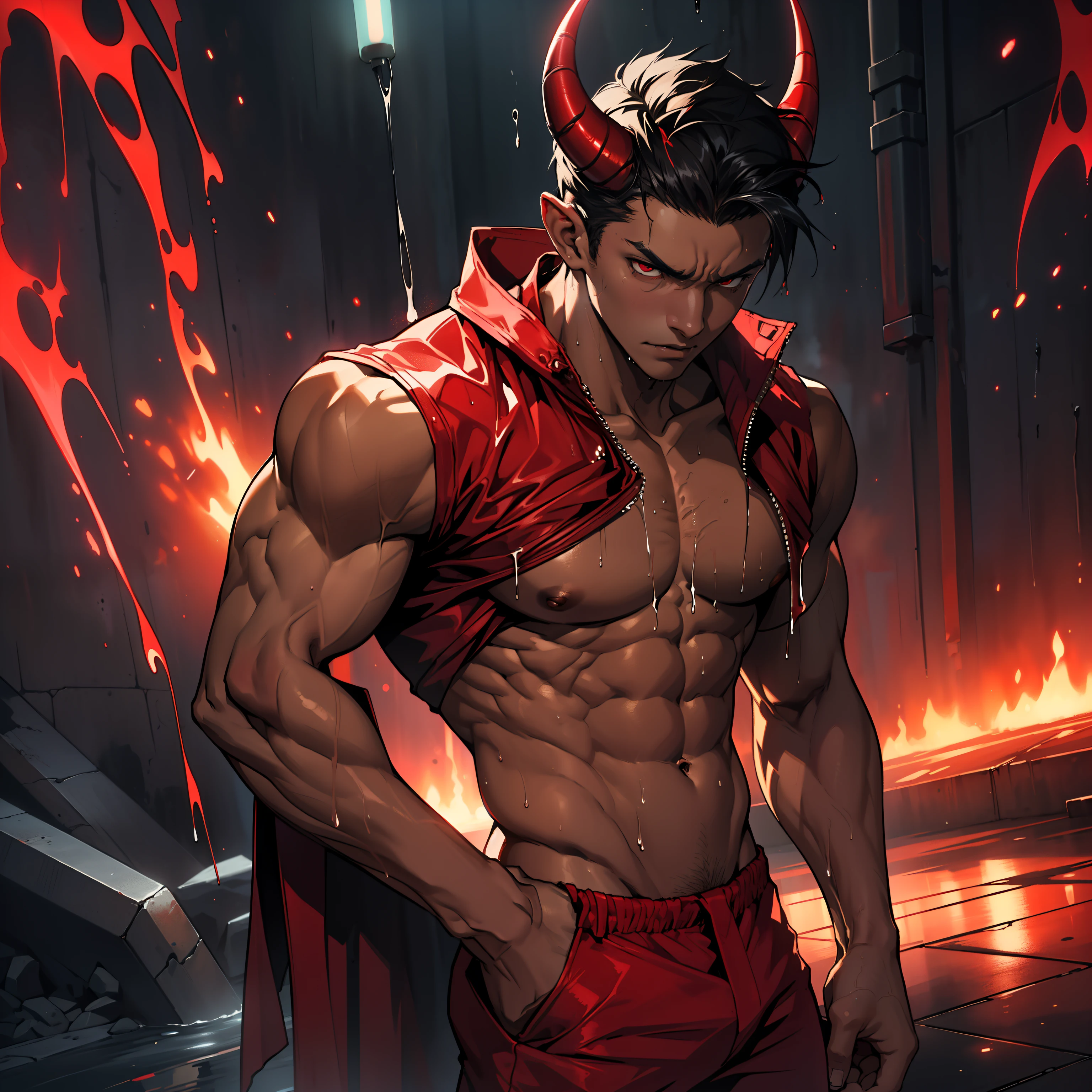 young boy with a slim skinny build, ((he is transforming into a demon)), ((he is touching his body)), ((inhumanly small waist)) ((inhumanly thin midriff)), ((worlds thinnest waist)), clean cut and short cropped red hair, ((splashed white ink drips down his body)), ((soaking wet)), ((muscular thighs)), soaked, dripping, sweating, detailed, intricate, slutty pose, posing seductively, ((has dark tanned skin with a hint of black and red)), he's a badboy, he is scowling, ((has demon horns)), solo, alone, has glowing red eyes, he is in a dark neon environment that is smoky and grungy, clothes drip off his body
