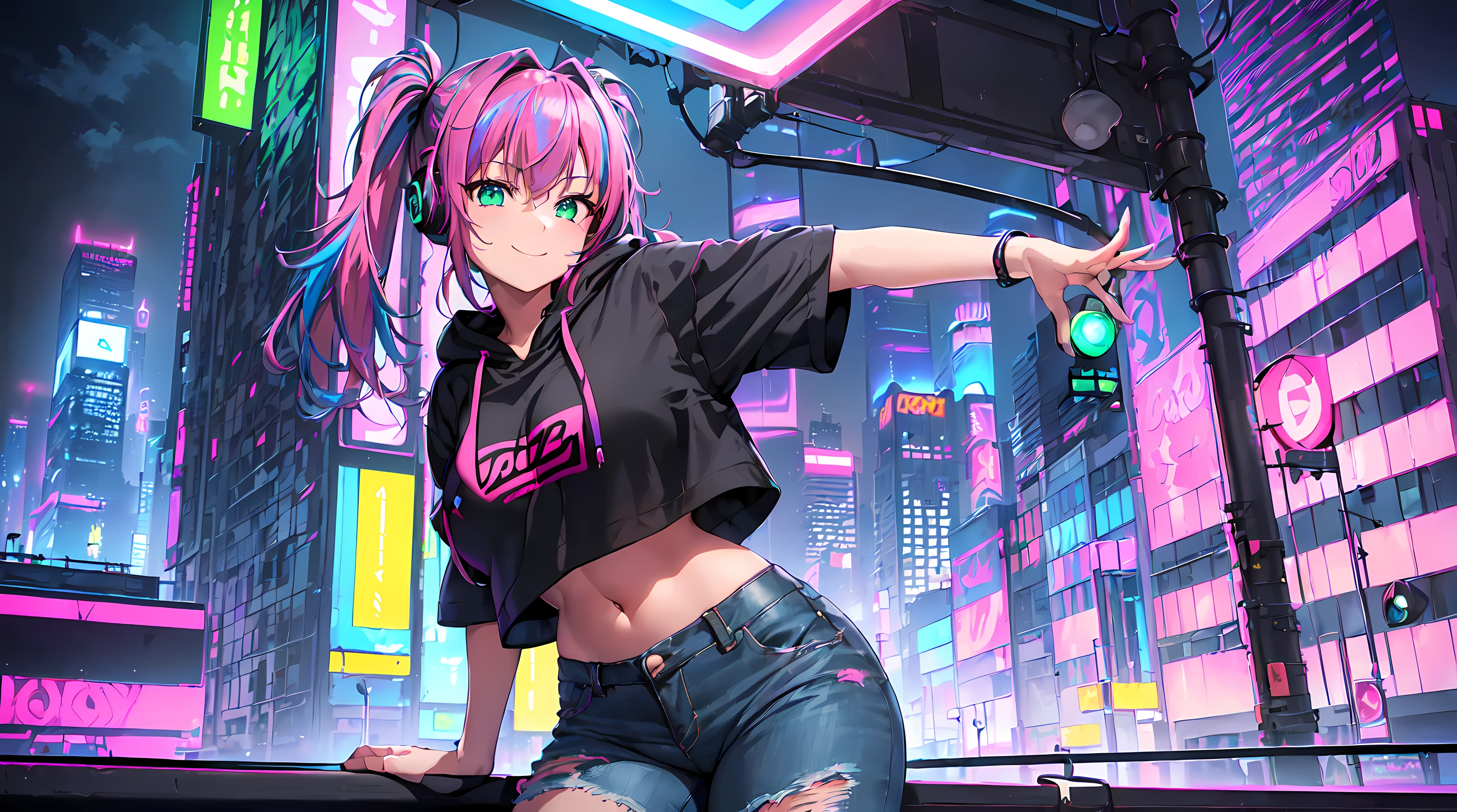 ​masterpiece, 1girl ((20year old, Black short sleeve hoodie exposes navel, tight blue jeans, medium breasts, multicolor pink hair, twin ponytails, green eyes, happy, smiling, flirtatious, headphones, urban cityscape, neon lights and towering skyscrapers, futuristic and energetic atmosphere)）