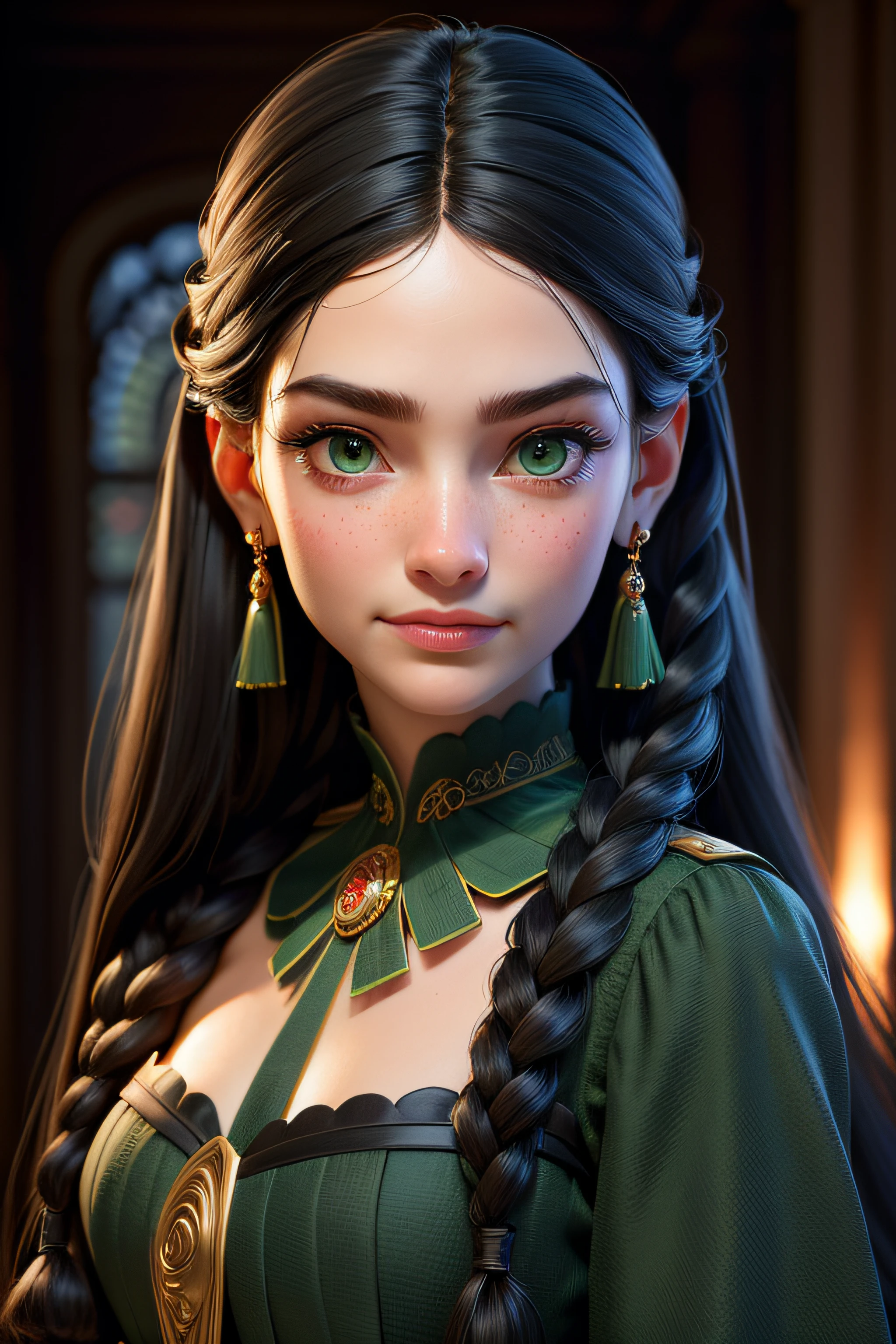 3dmm style, (masterpiece, top quality, best quality, official art, beautiful and aesthetic:1.2), (fractal art:1.3) solo, highly detailed, ultra-detailed, ultra-high resolution, (best shadow), detailed, perfect lighting, black hair, very long hair, braids, [face freckles], (green eyes), choker, smokey make up, zoomed out, portrait, in a royal palace, perfect hands, perfect face, perfect body